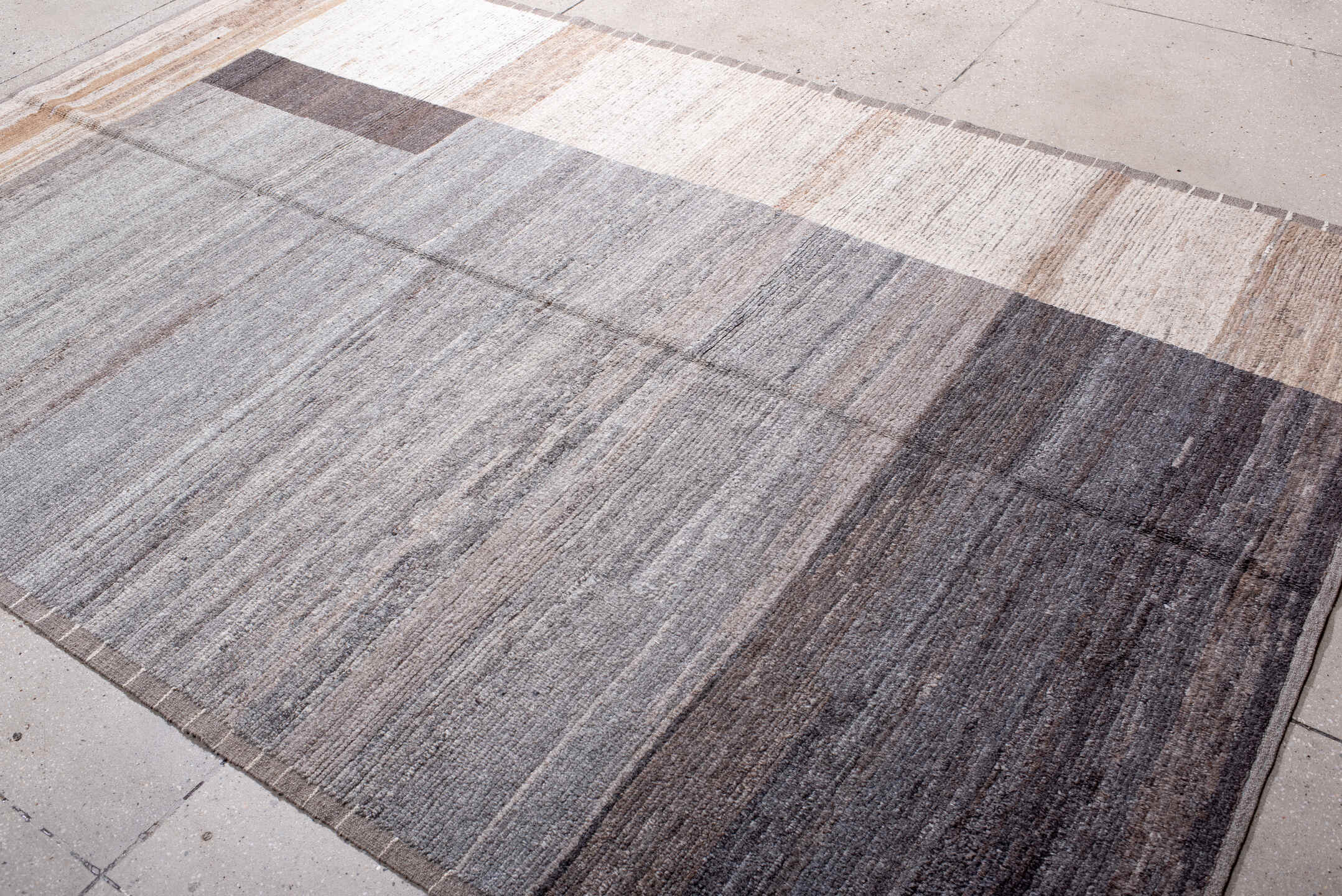 6' x 9' one-of-a-kind handmade vintage Tulu large size rug. Color palette: gray, ivory, taupe, charcoal, beige, brown, black
