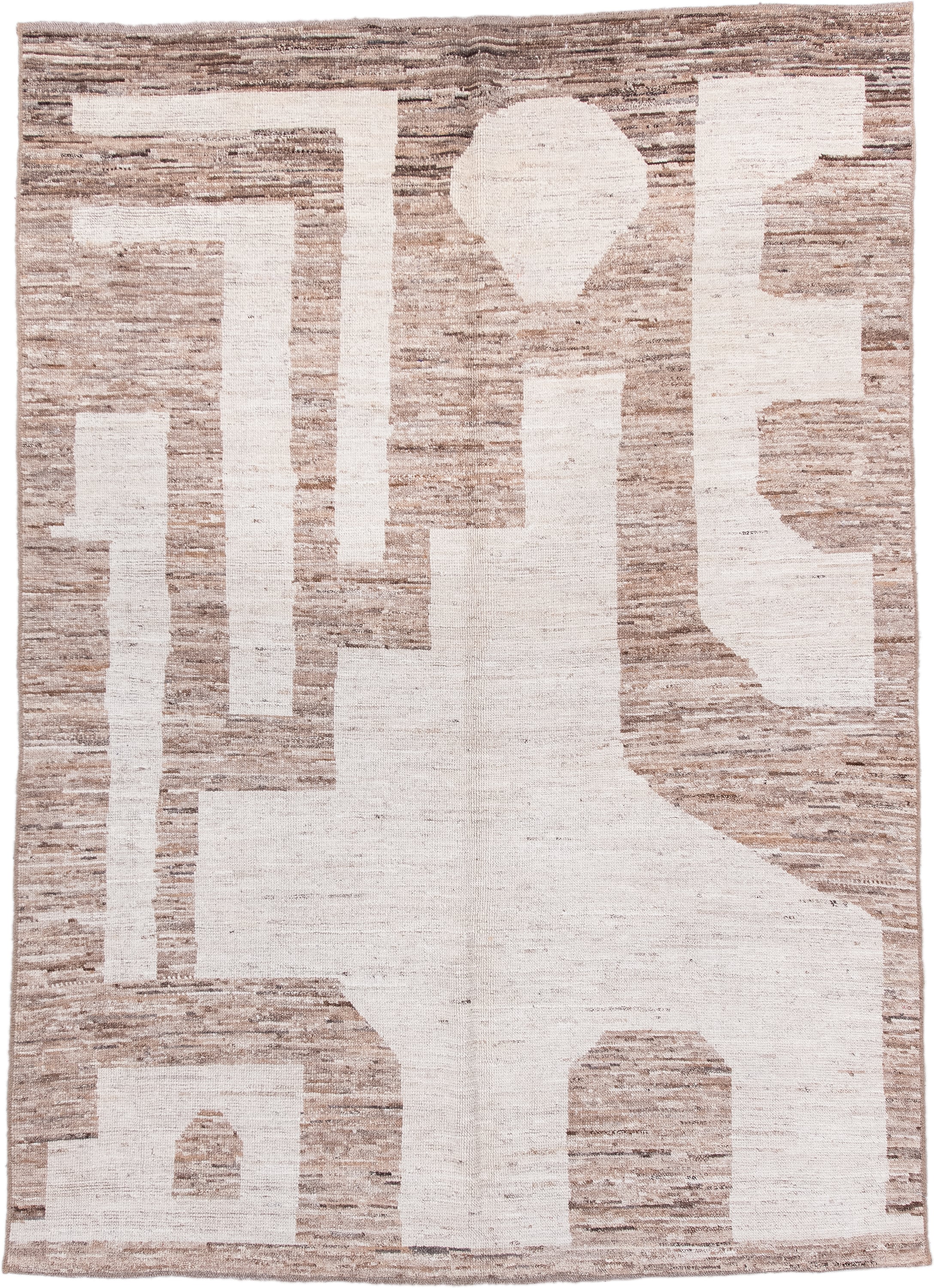 6' x 8' one-of-a-kind handmade vintage Tulu medium size rug. Color palette: ivory, taupe, beige, camel, gray