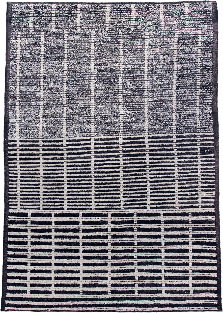 6' x 8' one-of-a-kind handmade vintage Tulu medium size rug. Color palette: black, ivory, charcoal, slate, gray