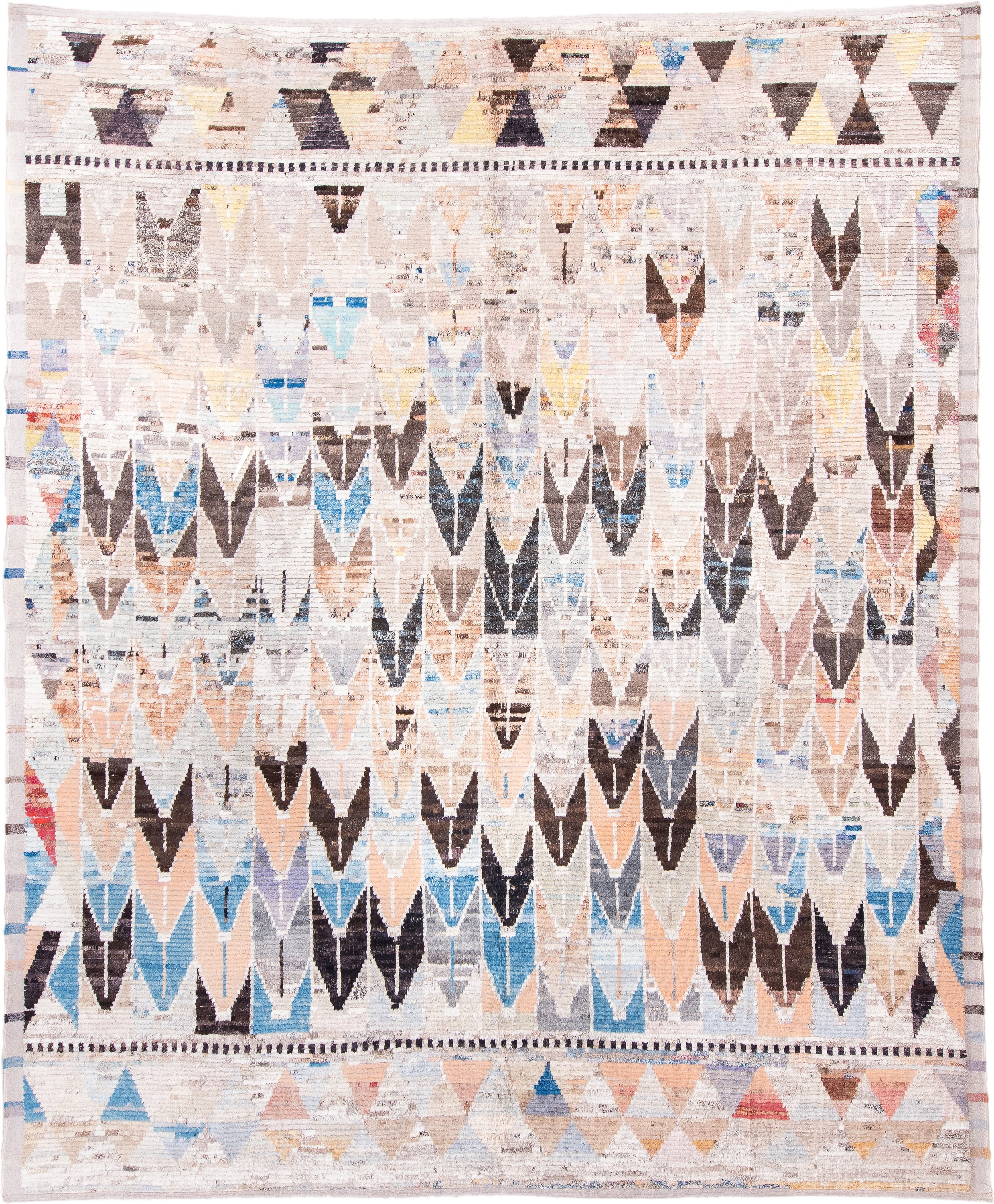 12' x 15' one-of-a-kind handmade vintage Tulu oversize rug. Color palette: ivory, charcoal, sky blue, blush, taupe