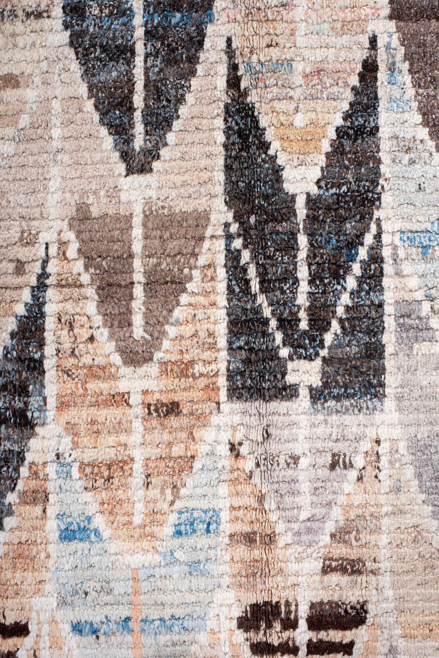 12' x 15' one-of-a-kind handmade vintage Tulu oversize rug. Color palette: ivory, charcoal, sky blue, blush, taupe