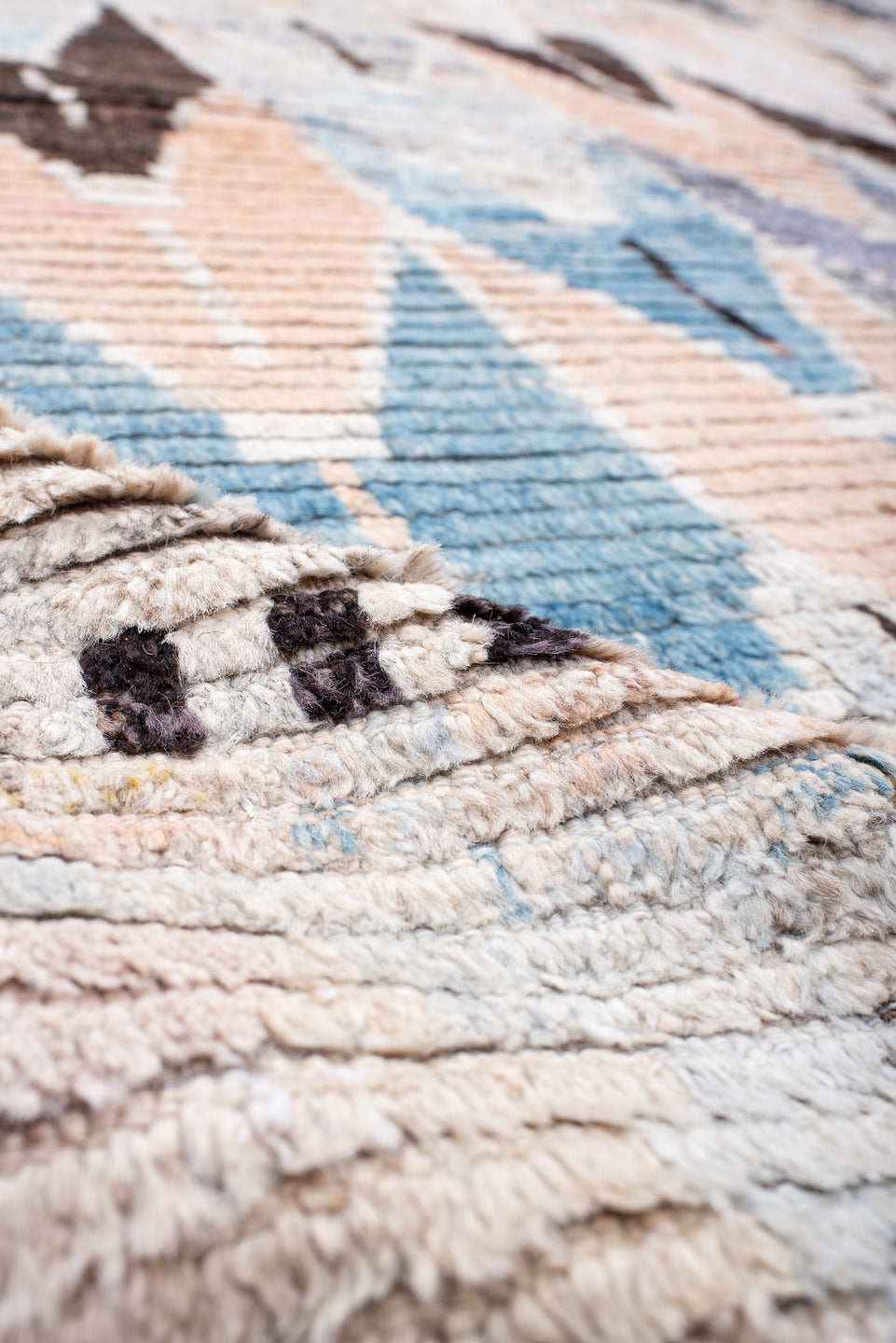 12' x 15' one-of-a-kind handmade vintage Tulu oversize rug. Color palette: ivory, charcoal, sky blue, blush, taupe