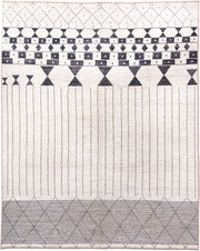 9' x 12' one-of-a-kind handmade vintage Tulu large size rug. Color palette: ivory, charcoal, taupe, gray, black, beige