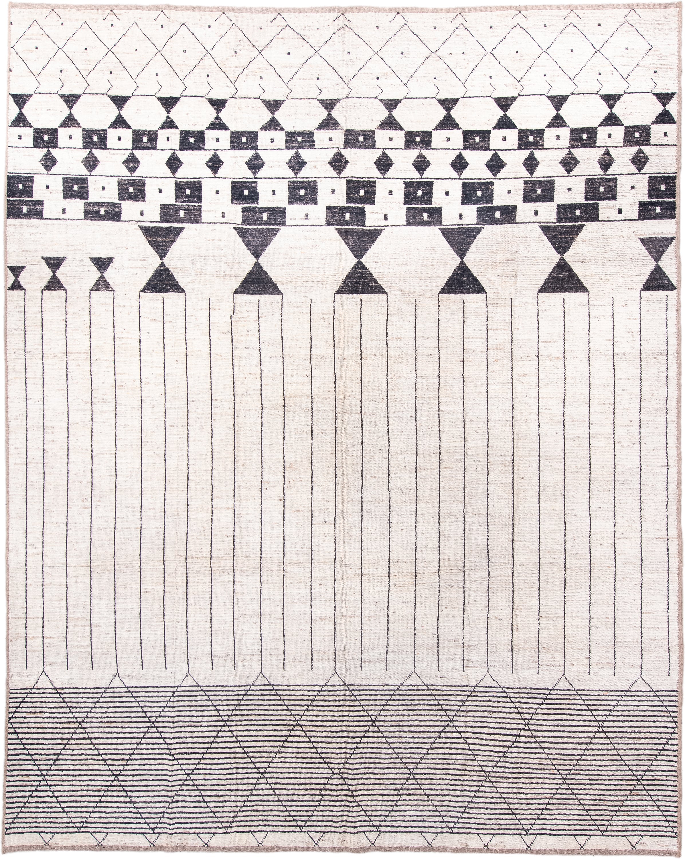 9' x 12' one-of-a-kind handmade vintage Tulu large size rug. Color palette: ivory, charcoal, taupe, gray, black, beige