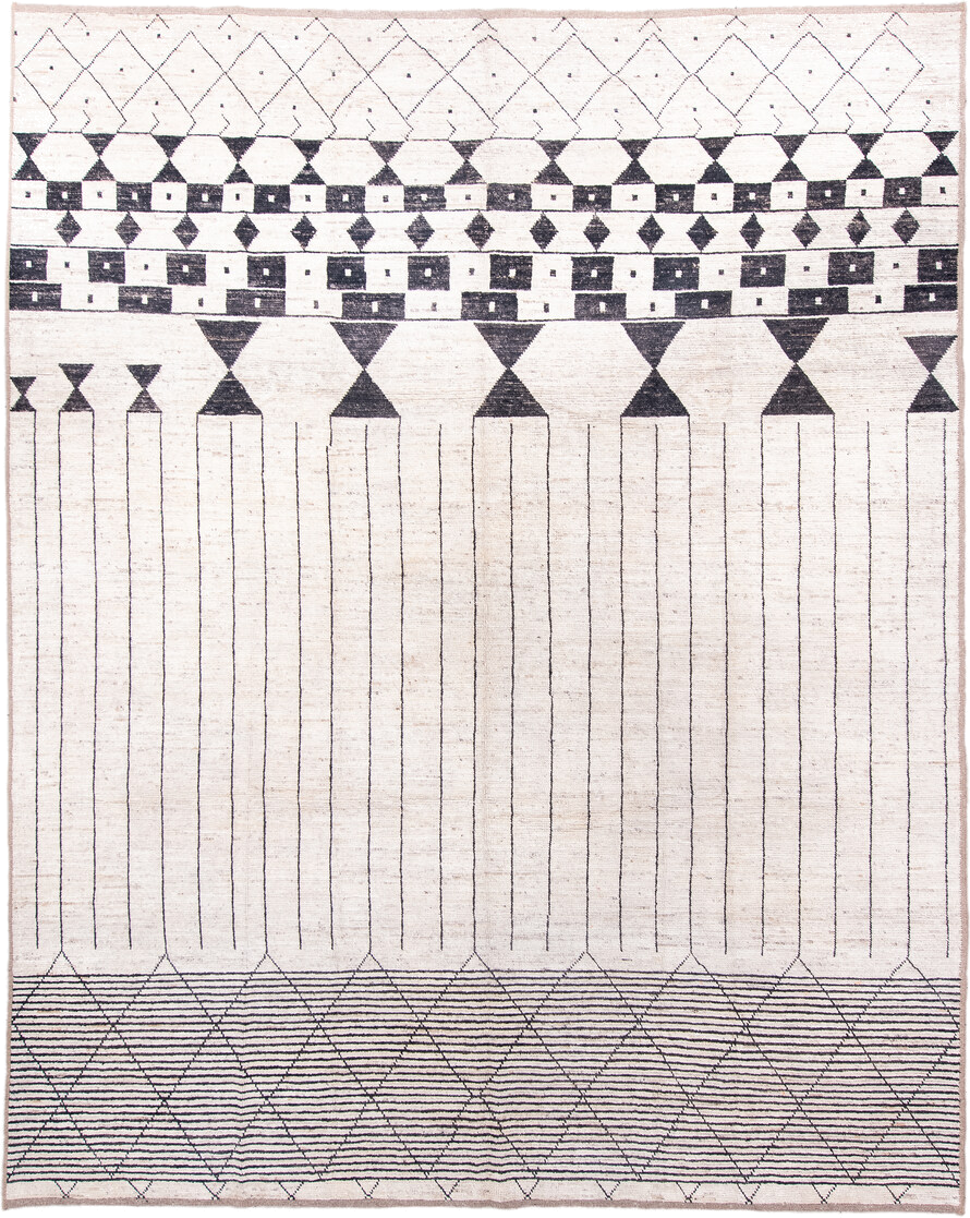 9' x 12' one-of-a-kind handmade vintage Tulu large size rug. Color palette: ivory, charcoal, taupe, gray, black, beige