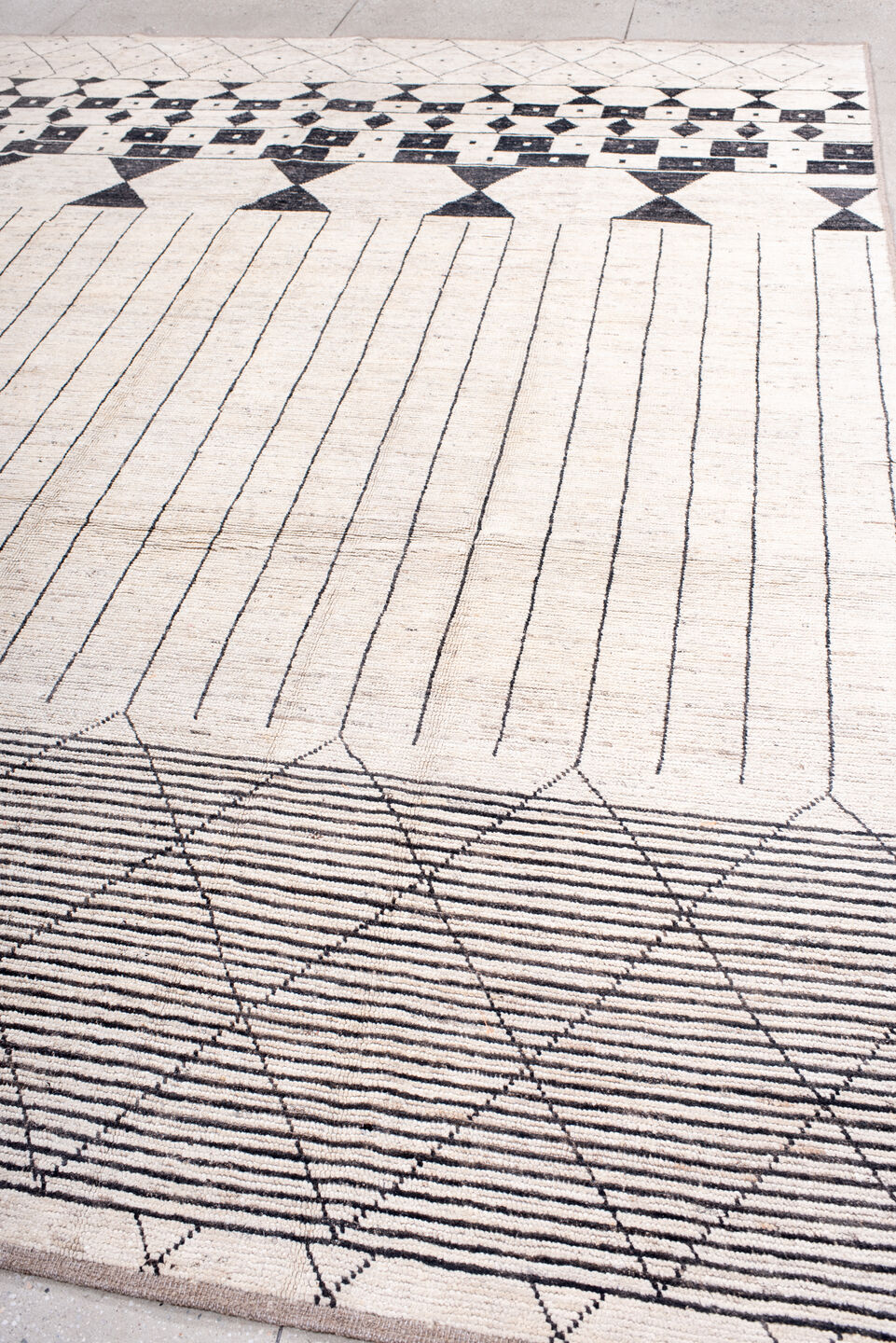 9' x 12' one-of-a-kind handmade vintage Tulu large size rug. Color palette: ivory, charcoal, taupe, gray, black, beige
