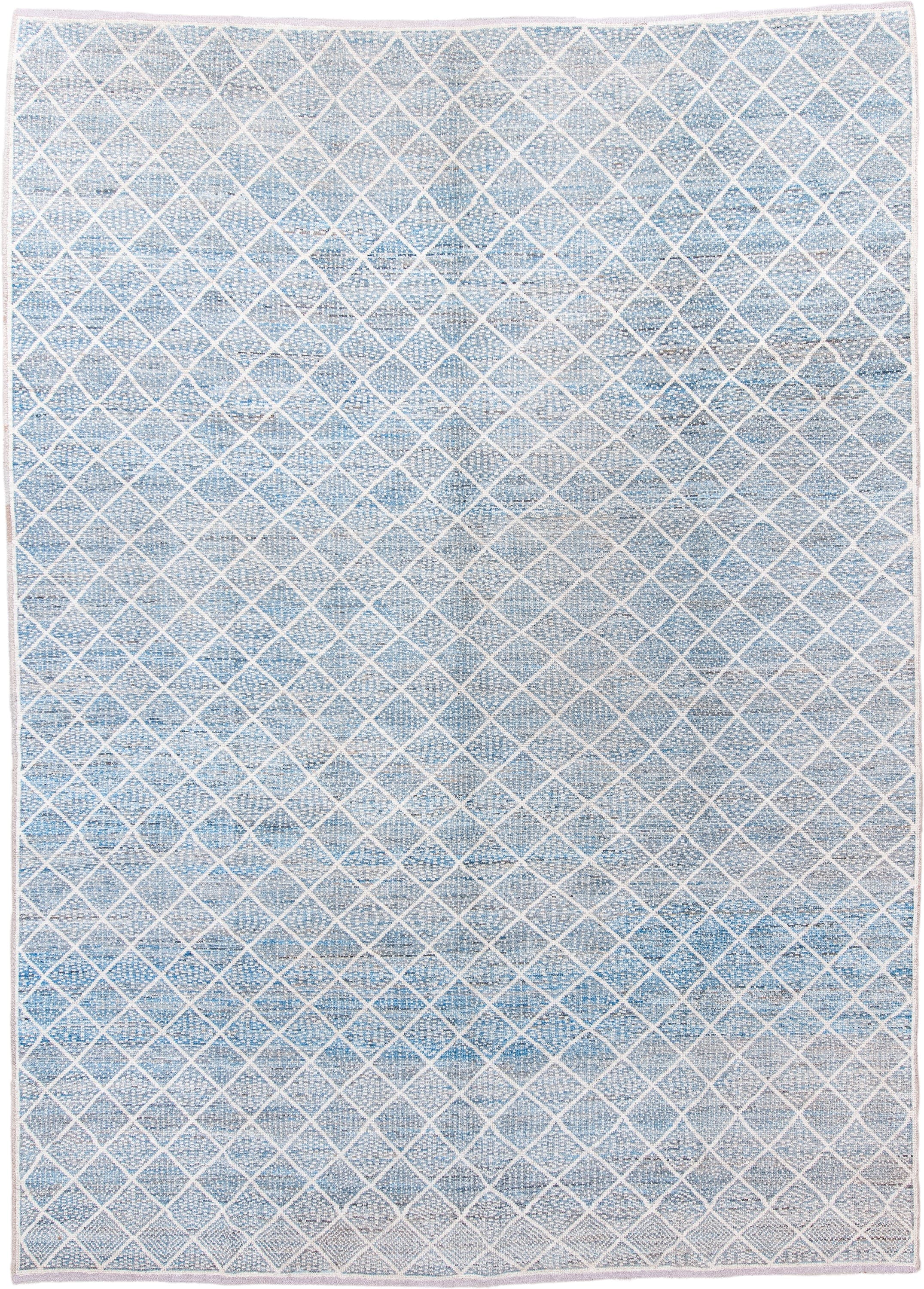 9' x 12' one-of-a-kind handmade vintage Tulu large size rug. Color palette: pale blue, ivory, sky blue, slate, cream