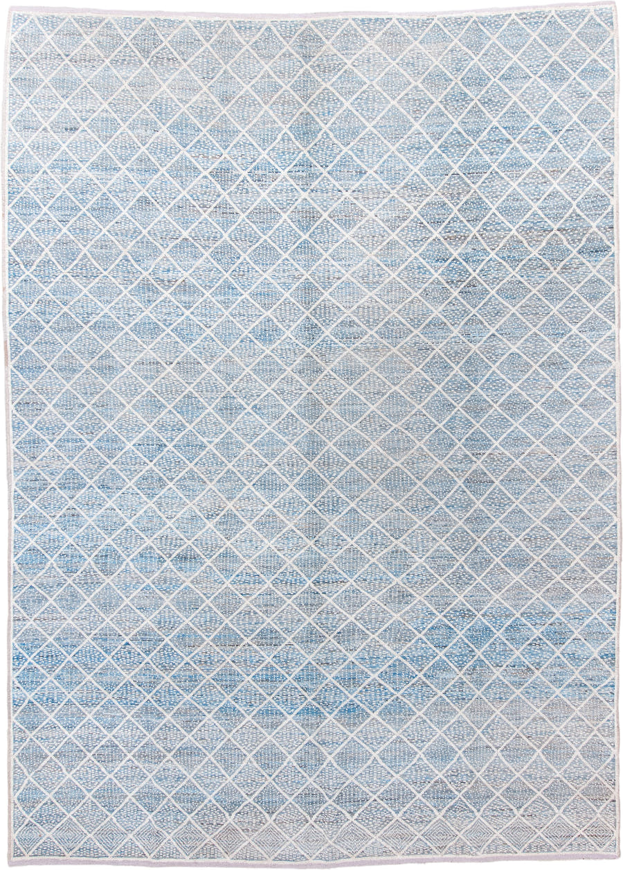 9' x 12' one-of-a-kind handmade vintage Tulu large size rug. Color palette: pale blue, ivory, sky blue, slate, cream