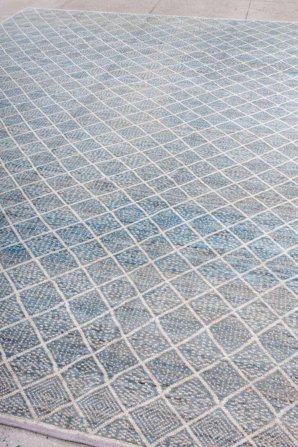 9' x 12' one-of-a-kind handmade vintage Tulu large size rug. Color palette: pale blue, ivory, sky blue, slate, cream