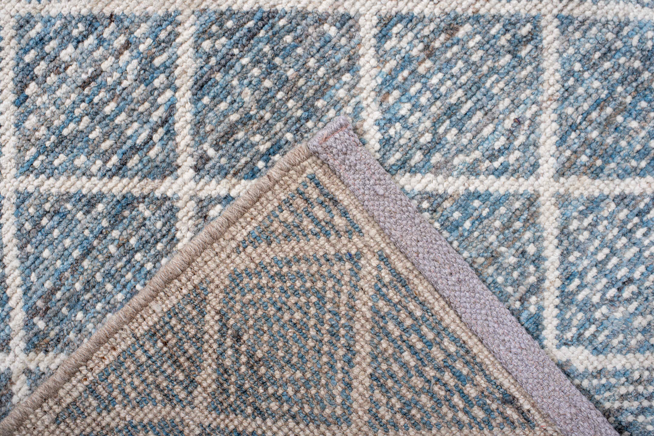 9' x 12' one-of-a-kind handmade vintage Tulu large size rug. Color palette: pale blue, ivory, sky blue, slate, cream