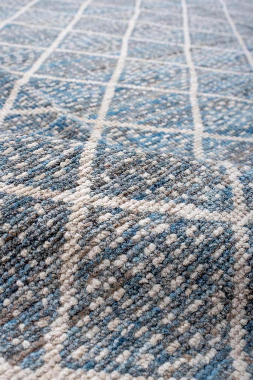 9' x 12' one-of-a-kind handmade vintage Tulu large size rug. Color palette: pale blue, ivory, sky blue, slate, cream