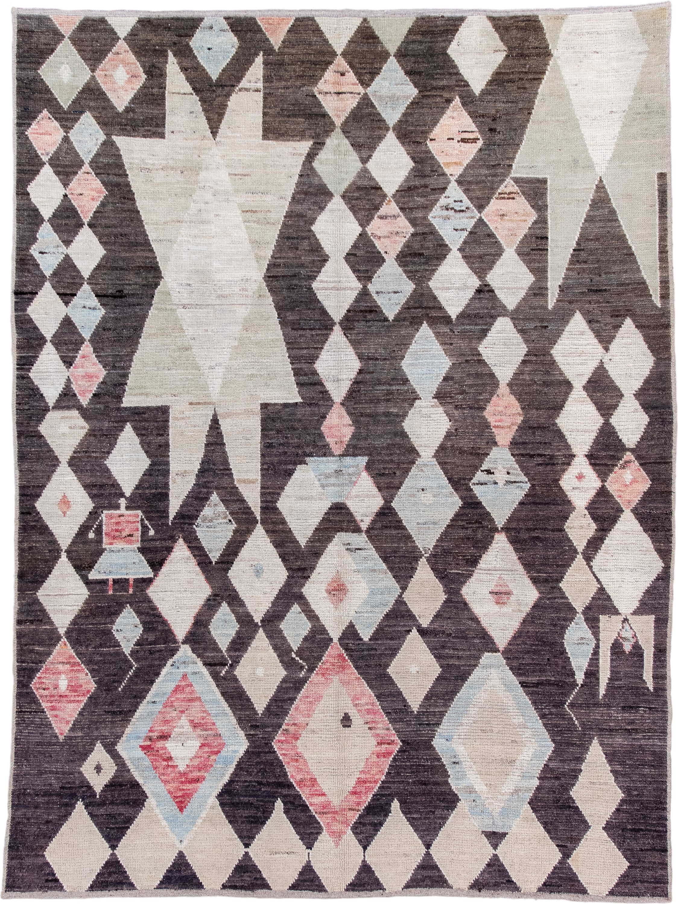6' x 8' one-of-a-kind handmade vintage Tulu medium size rug. Color palette: brown, ivory, blush, pale_blue, taupe, pink