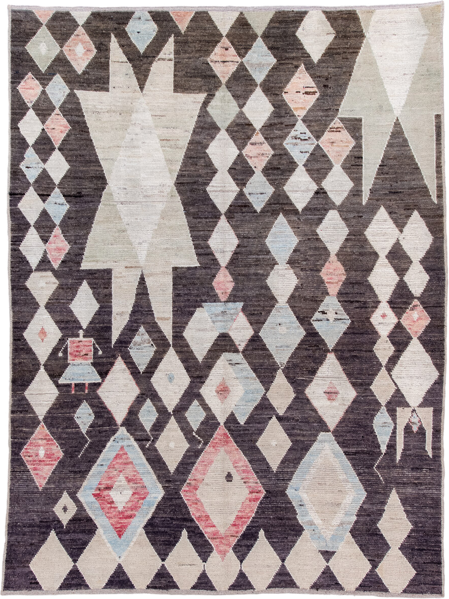 6' x 8' one-of-a-kind handmade vintage Tulu medium size rug. Color palette: brown, ivory, blush, pale_blue, taupe, pink