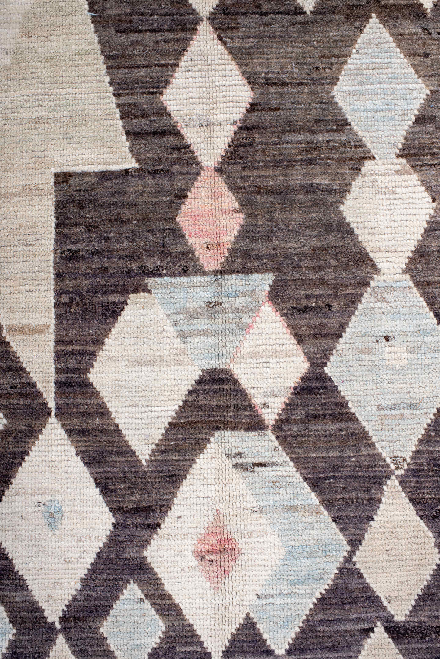 6' x 8' one-of-a-kind handmade vintage Tulu medium size rug. Color palette: brown, ivory, blush, pale_blue, taupe, pink