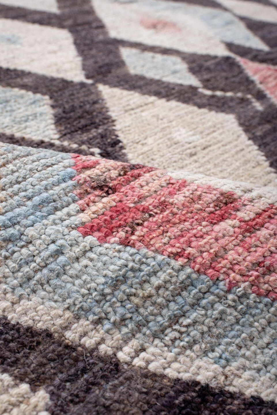 6' x 8' one-of-a-kind handmade vintage Tulu medium size rug. Color palette: brown, ivory, blush, pale_blue, taupe, pink