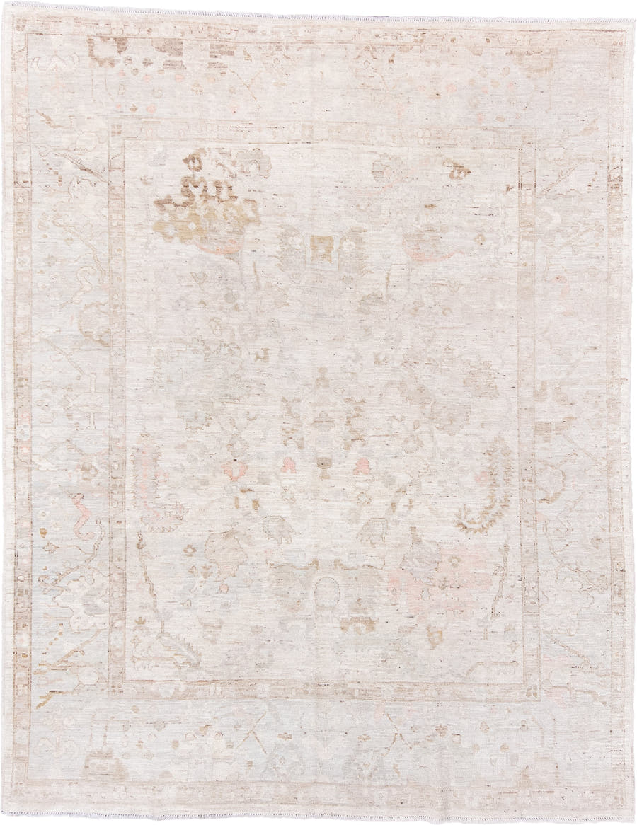 8' x 10' one-of-a-kind handmade vintage Oushak large size rug. Color palette: ivory, cream, taupe, blush, beige, pale gold