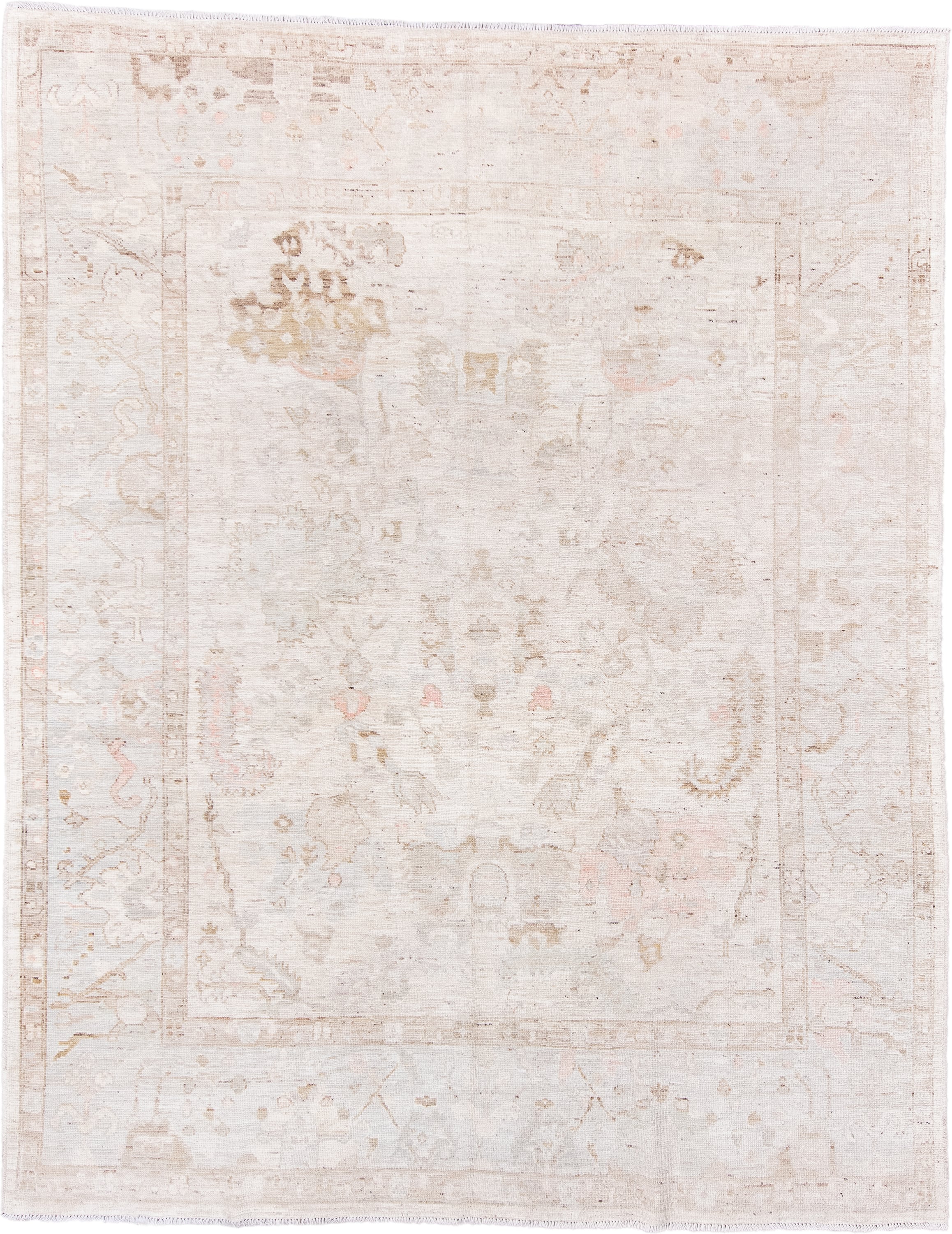 8' x 10' one-of-a-kind handmade vintage Oushak large size rug. Color palette: ivory, cream, taupe, blush, beige, pale gold