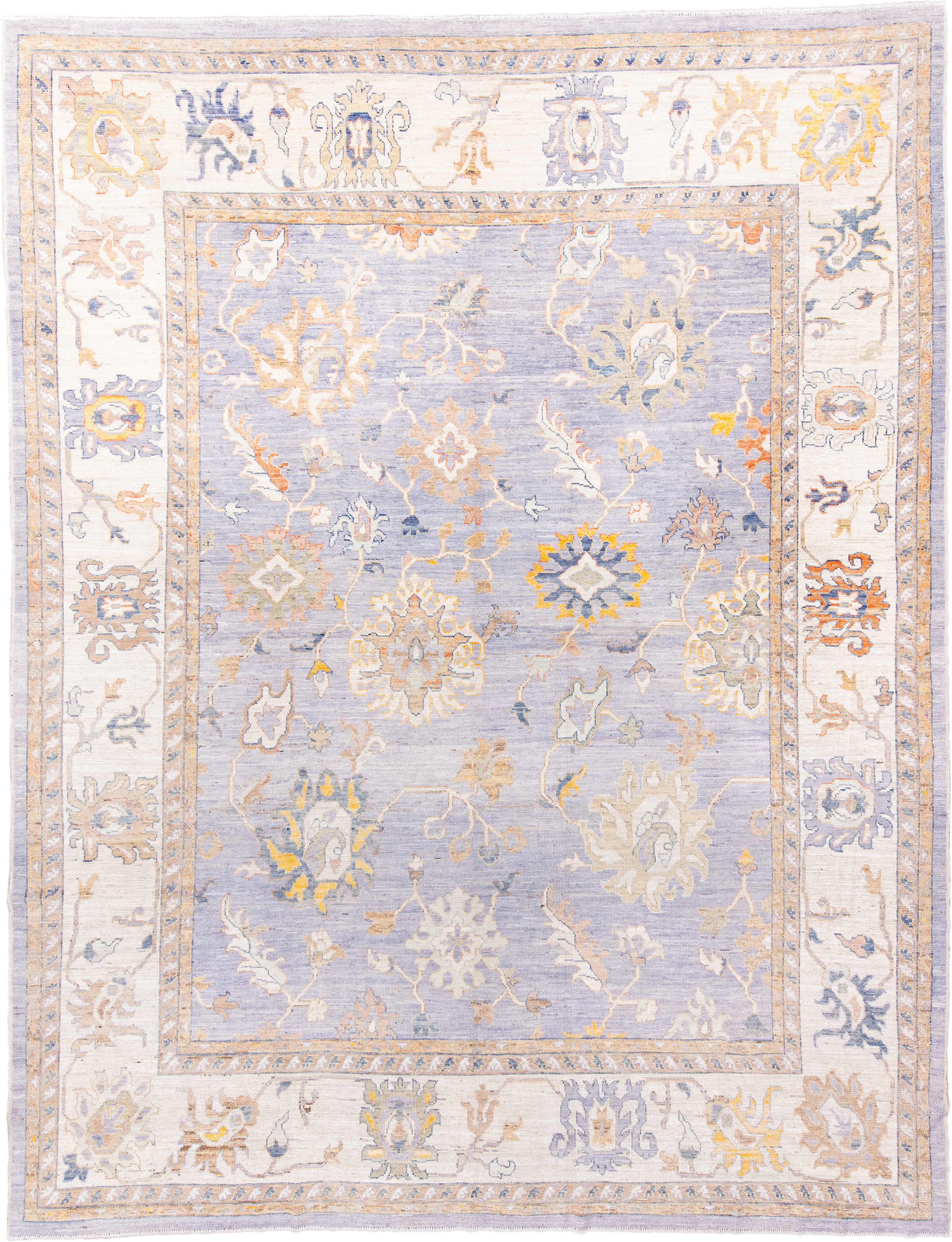 11' x 15' one-of-a-kind handmade vintage Oushak oversize rug. Color palette: lavender, ivory, pale gold, soft blue, taupe