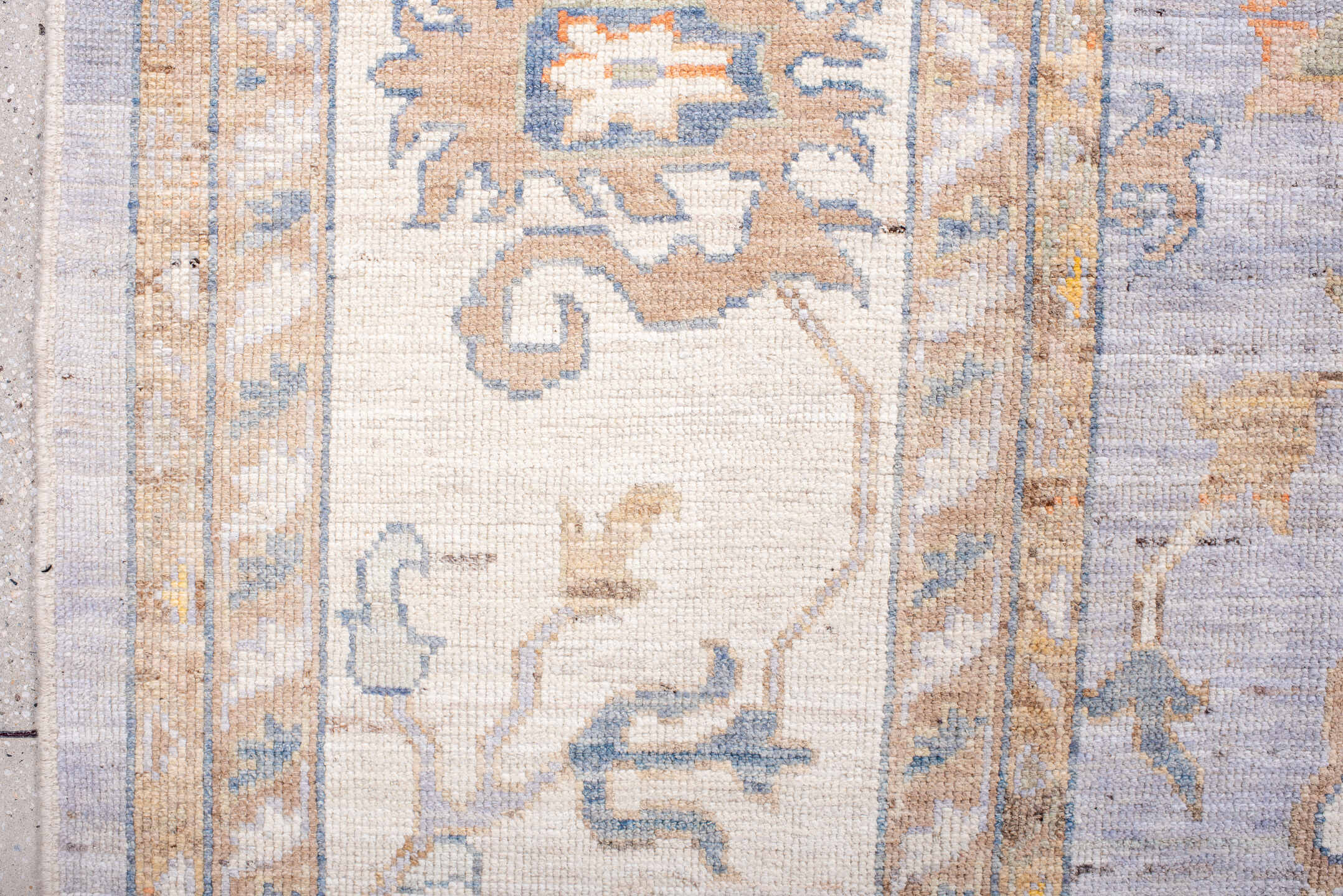 11' x 15' one-of-a-kind handmade vintage Oushak oversize rug. Color palette: lavender, ivory, pale gold, soft blue, taupe