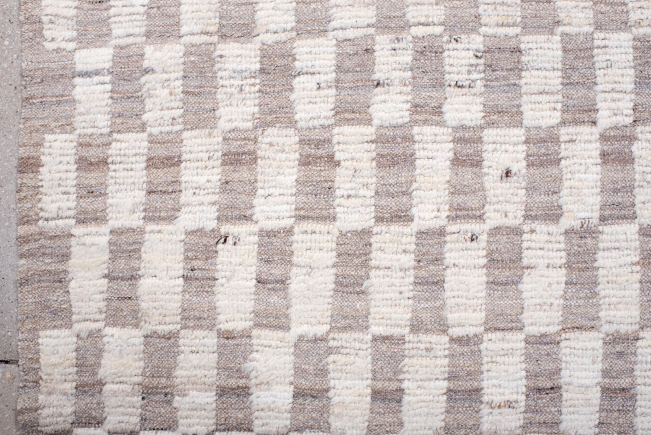 6' x 8' one-of-a-kind handmade vintage Tulu medium size rug. Color palette: ivory, taupe, cream, greige, beige, gray