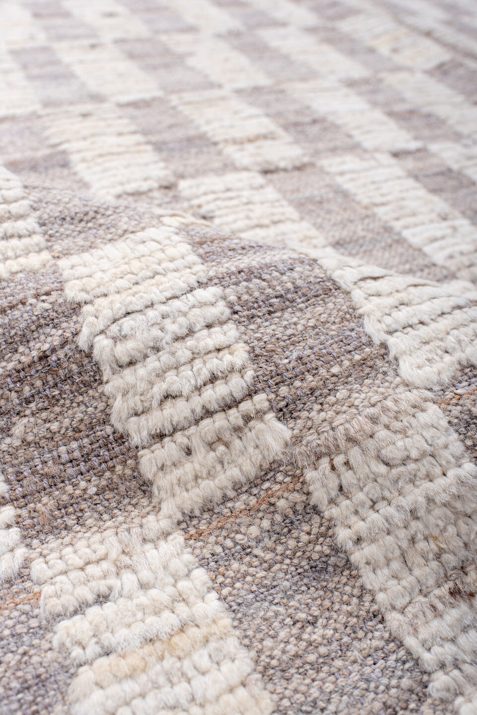 6' x 8' one-of-a-kind handmade vintage Tulu medium size rug. Color palette: ivory, taupe, cream, greige, beige, gray