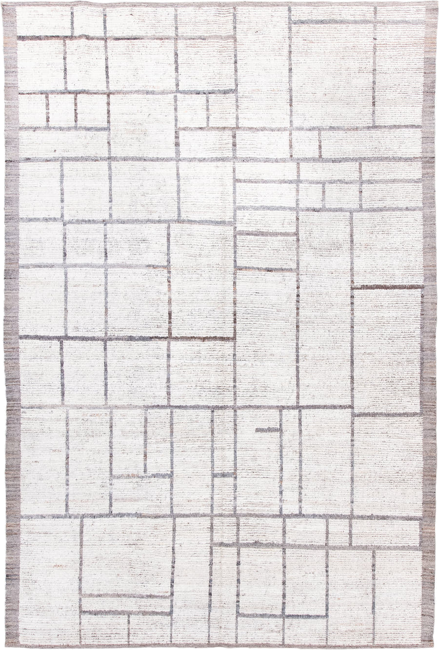 6' x 9' one-of-a-kind handmade vintage Tulu medium size rug. Color palette: ivory, taupe, gray, cream, beige