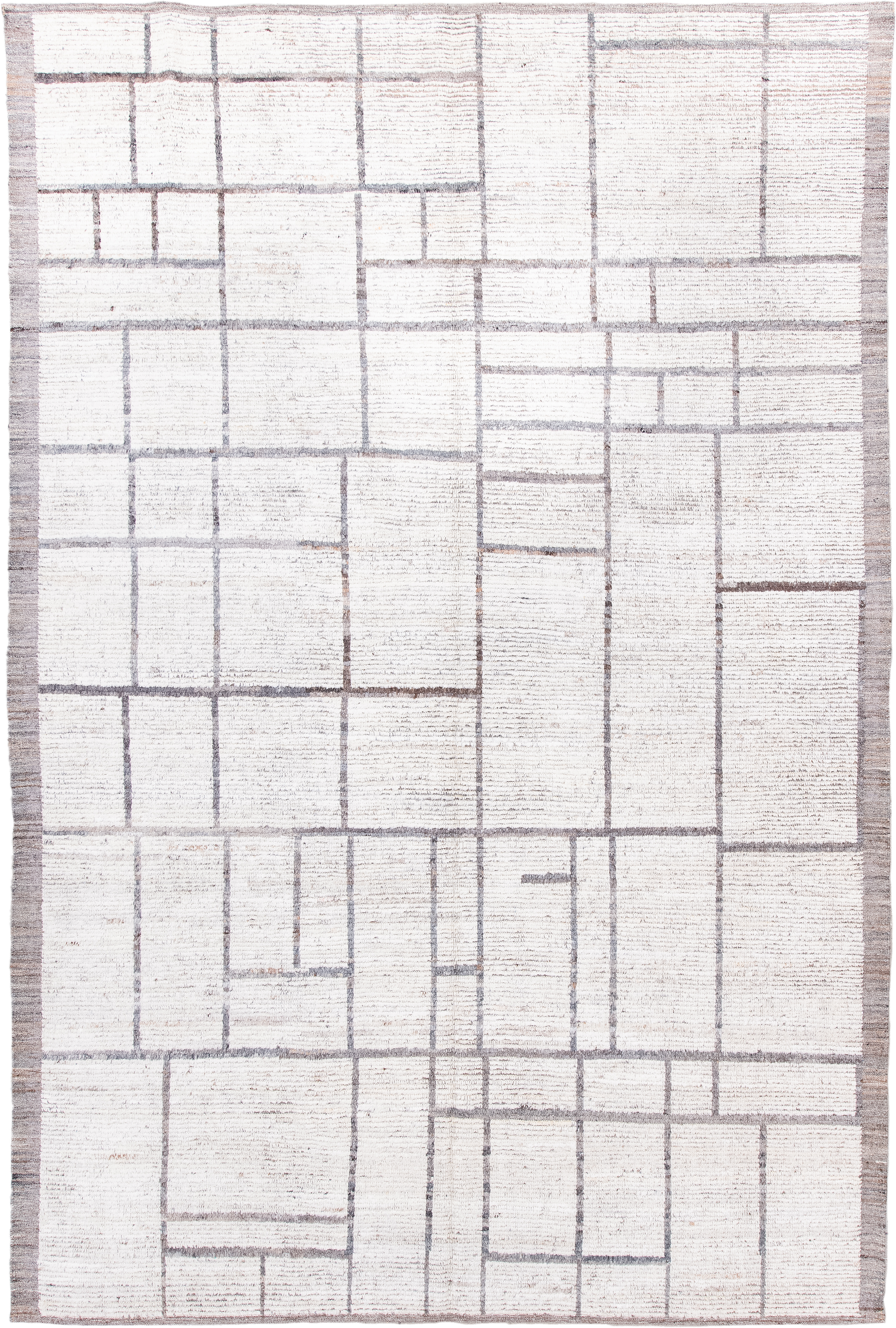 6' x 9' one-of-a-kind handmade vintage Tulu medium size rug. Color palette: ivory, taupe, gray, cream, beige