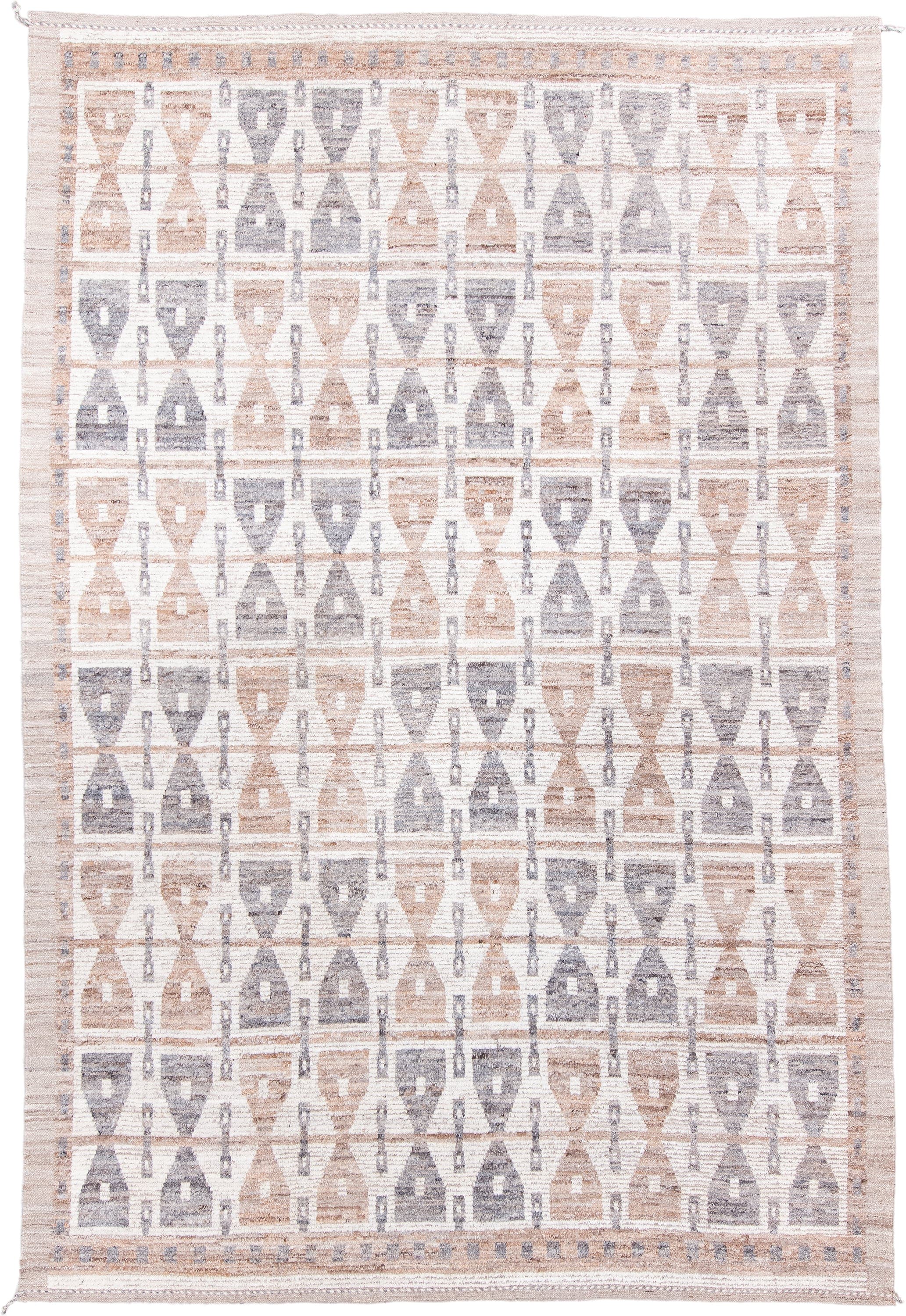 8' x 11' one-of-a-kind handmade vintage Tulu large size rug. Color palette: ivory, taupe, gray, beige, camel