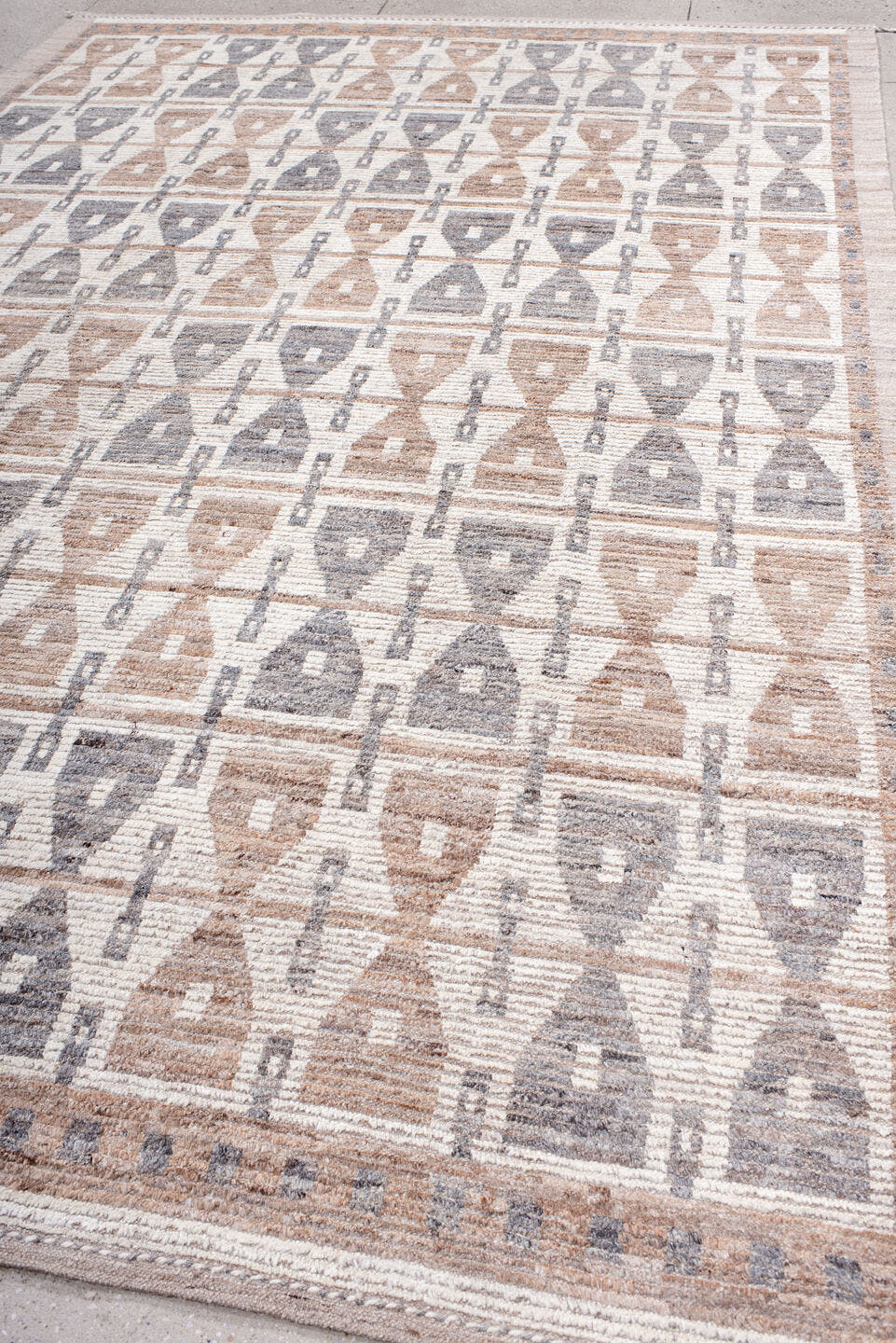 8' x 11' one-of-a-kind handmade vintage Tulu large size rug. Color palette: ivory, taupe, gray, beige, camel