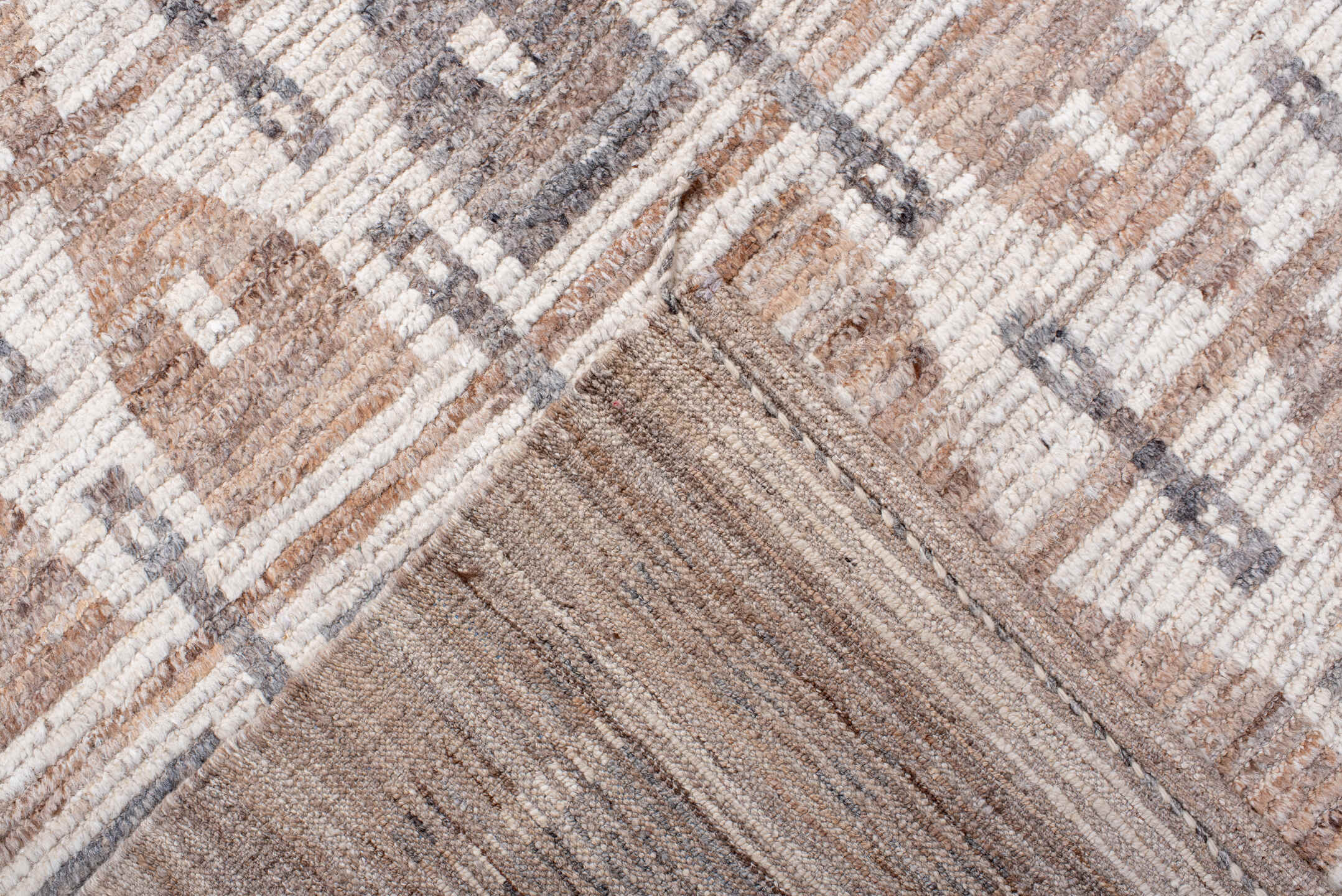 8' x 11' one-of-a-kind handmade vintage Tulu large size rug. Color palette: ivory, taupe, gray, beige, camel