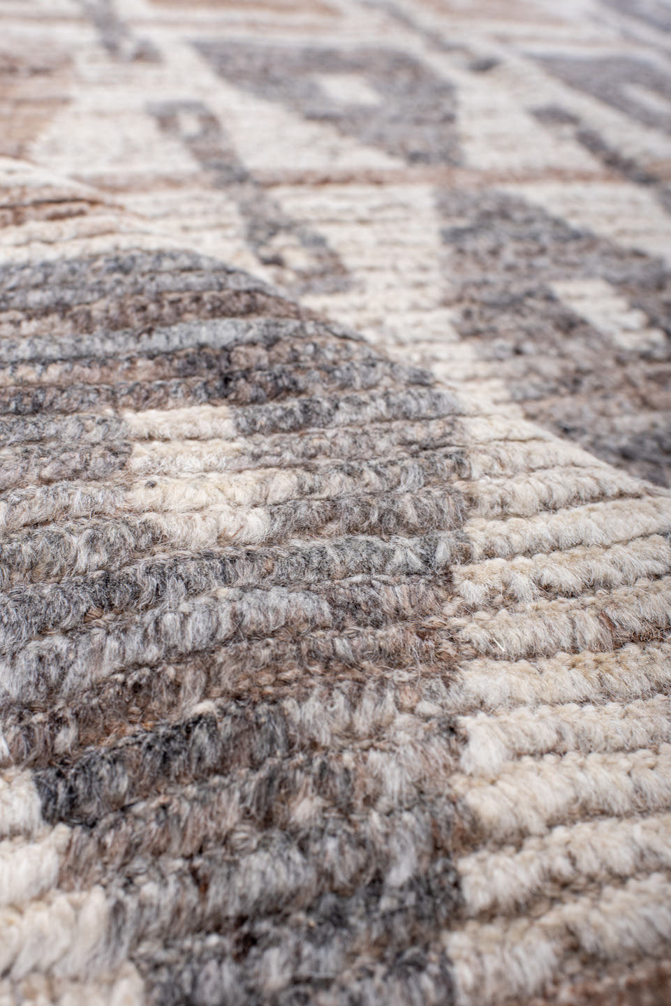 8' x 11' one-of-a-kind handmade vintage Tulu large size rug. Color palette: ivory, taupe, gray, beige, camel
