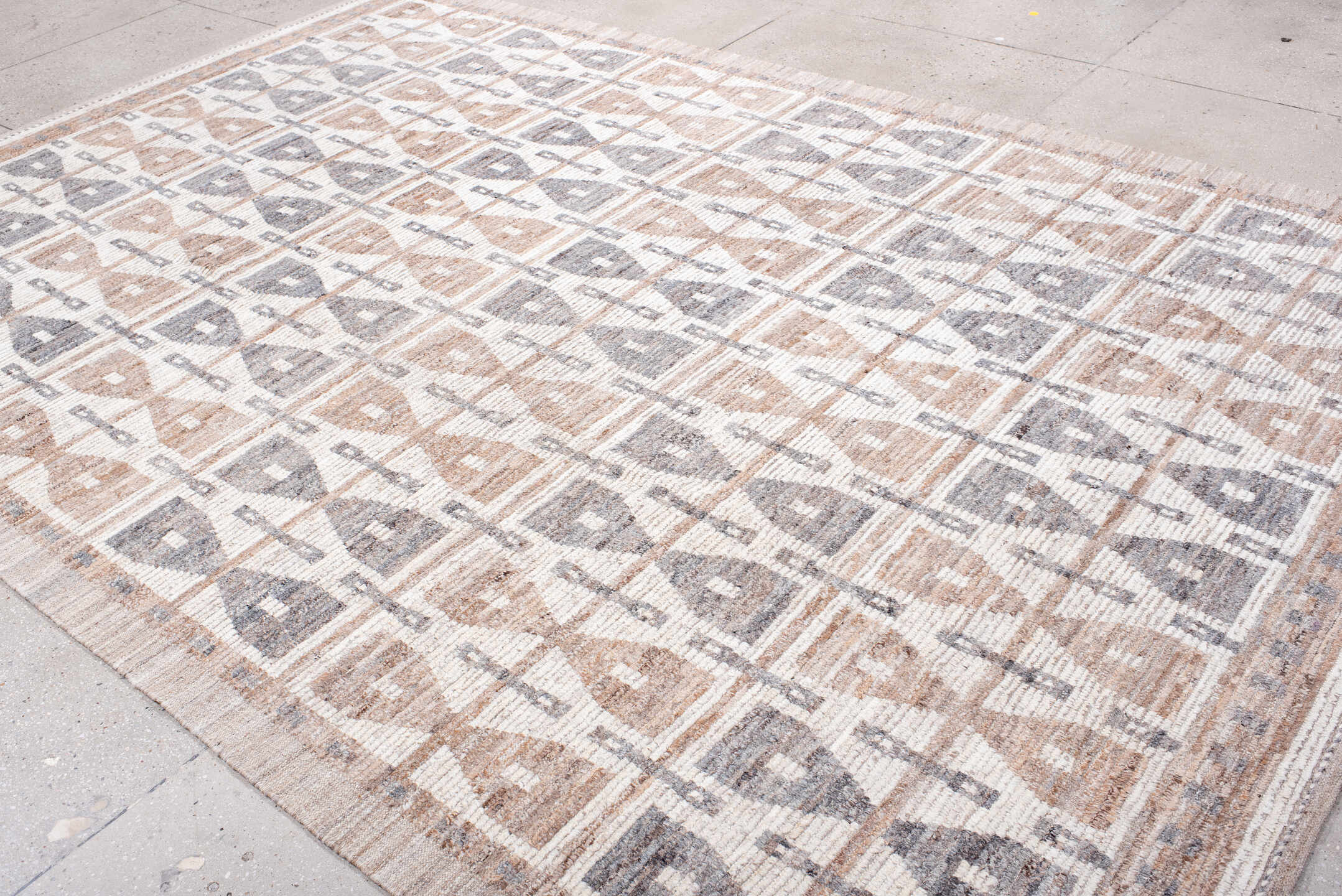8' x 11' one-of-a-kind handmade vintage Tulu large size rug. Color palette: ivory, taupe, gray, beige, camel