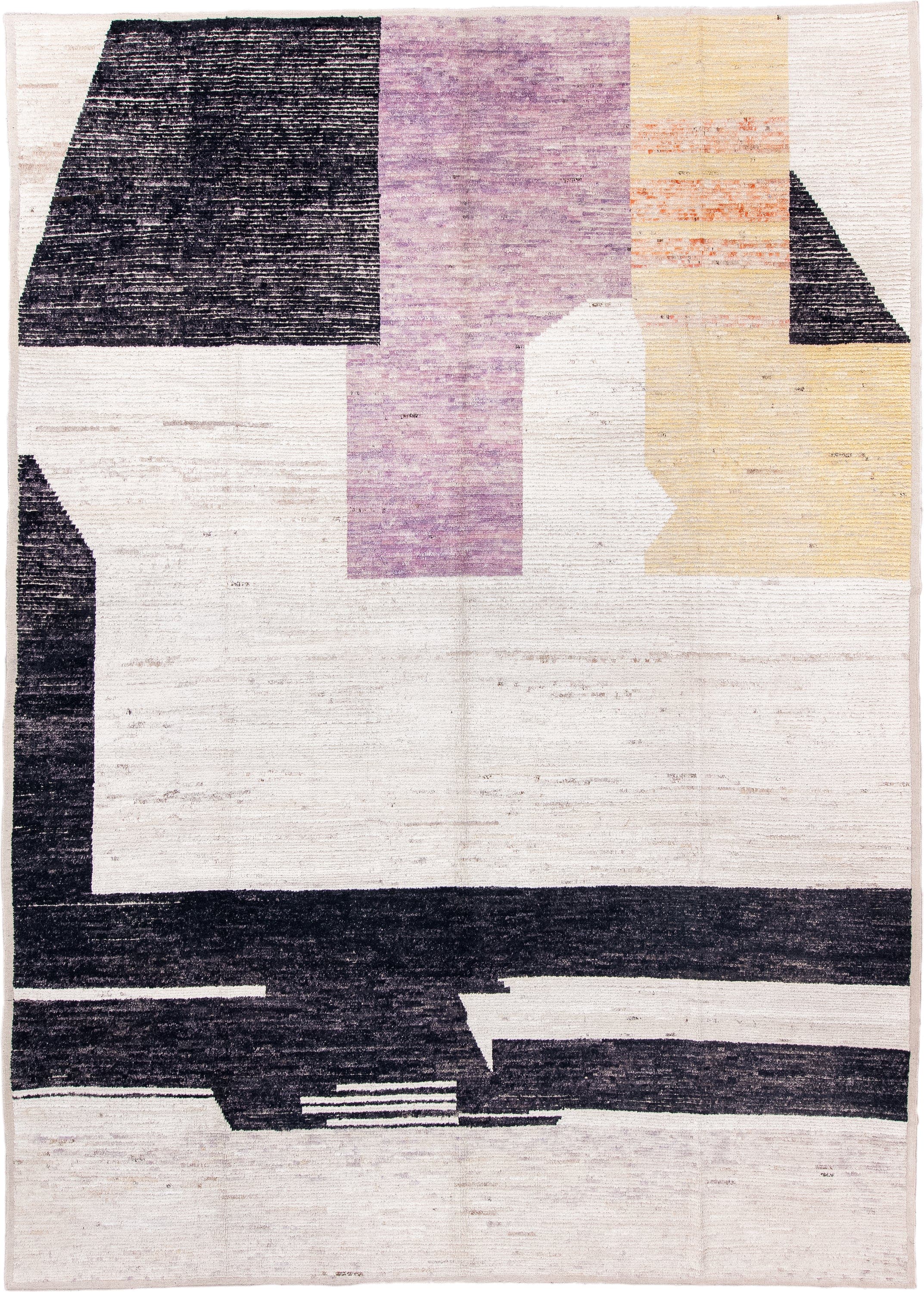 9' x 13' one-of-a-kind handmade vintage Tulu large size rug. Color palette: ivory, charcoal, lavender, pale_gold, peach