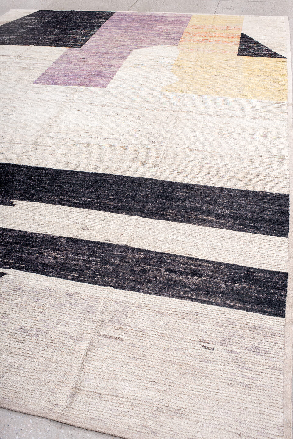 9' x 13' one-of-a-kind handmade vintage Tulu large size rug. Color palette: ivory, charcoal, lavender, pale_gold, peach