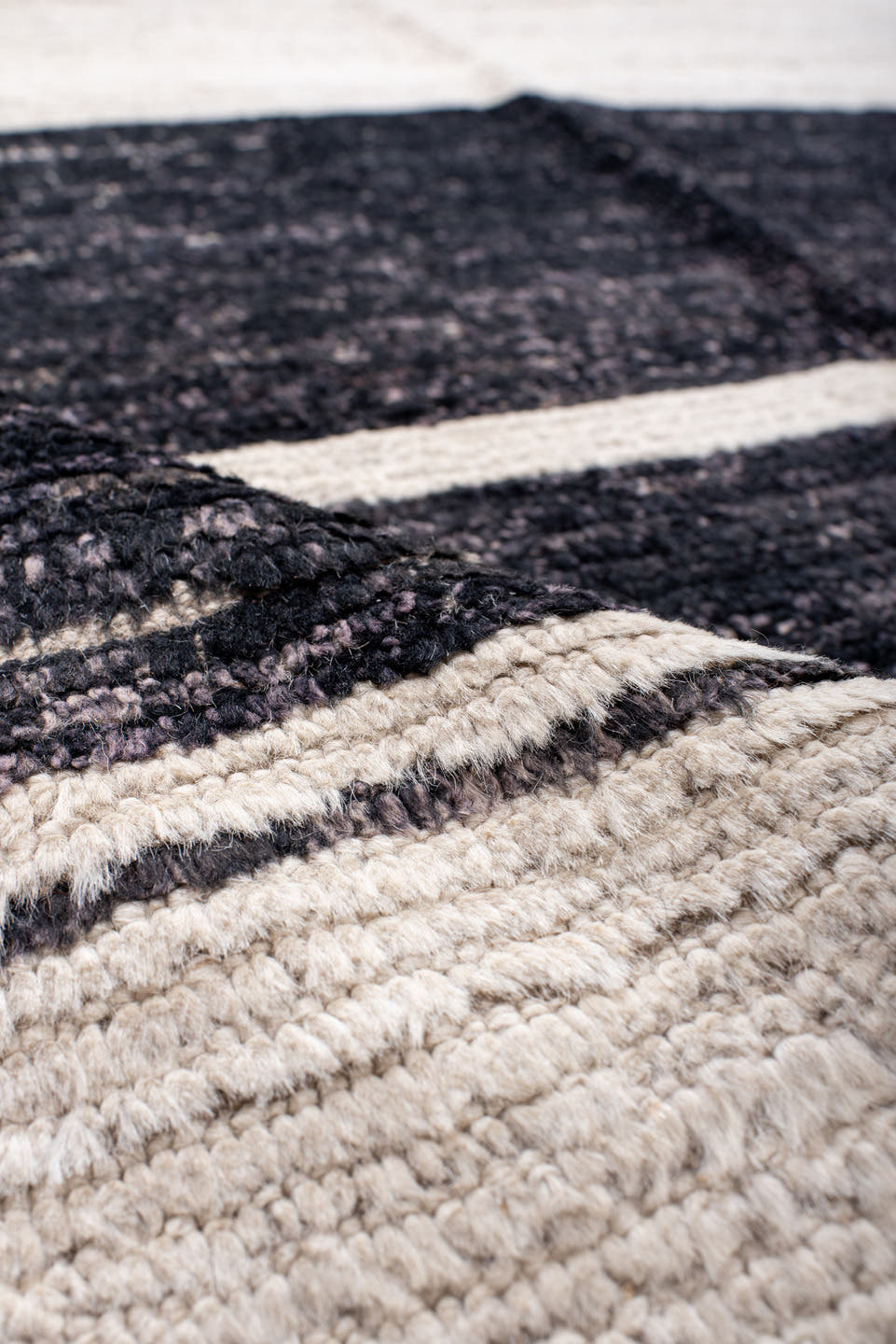 9' x 13' one-of-a-kind handmade vintage Tulu large size rug. Color palette: ivory, charcoal, lavender, pale_gold, peach
