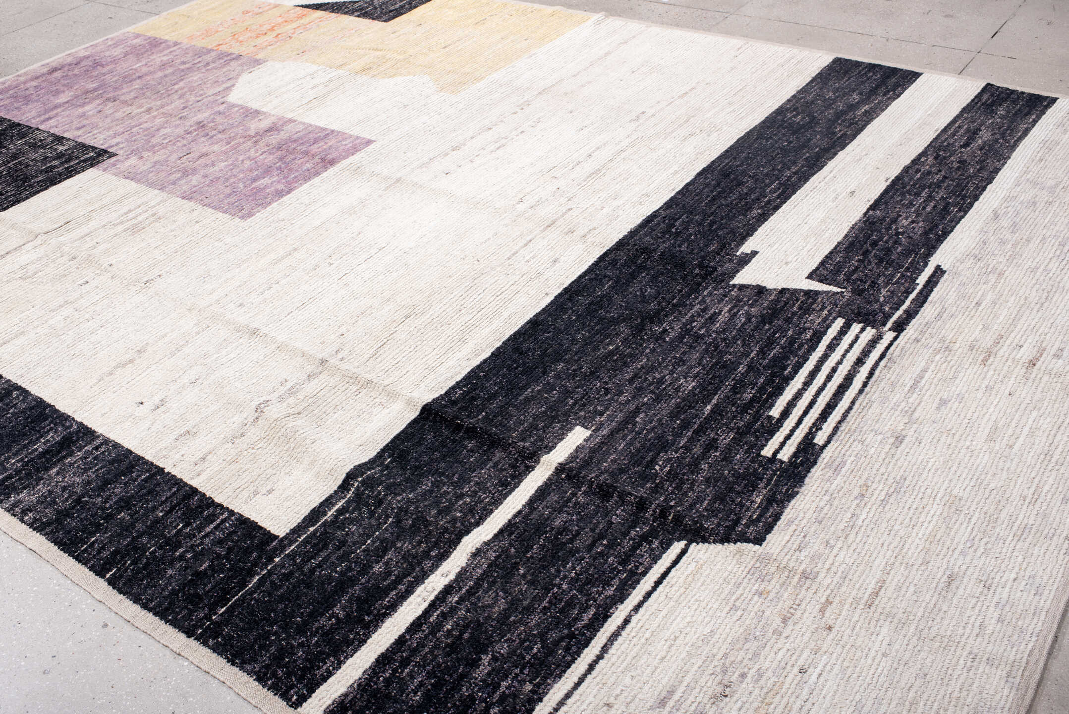 9' x 13' one-of-a-kind handmade vintage Tulu large size rug. Color palette: ivory, charcoal, lavender, pale_gold, peach