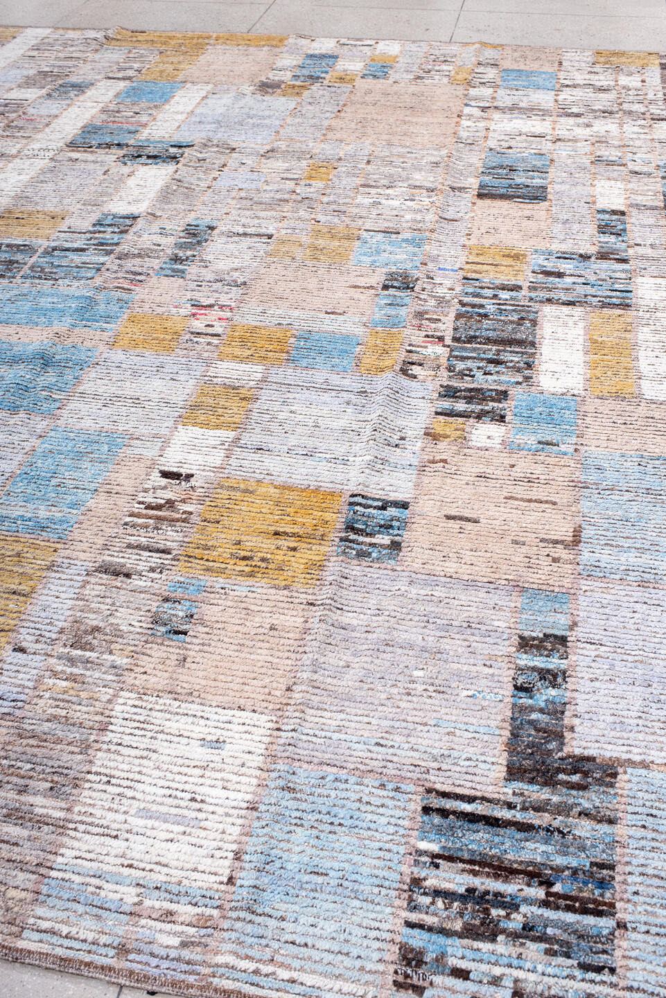 10' x 13' one-of-a-kind handmade vintage Tulu large size rug. Color palette: blue, brown, gray, lavender blush, light blue