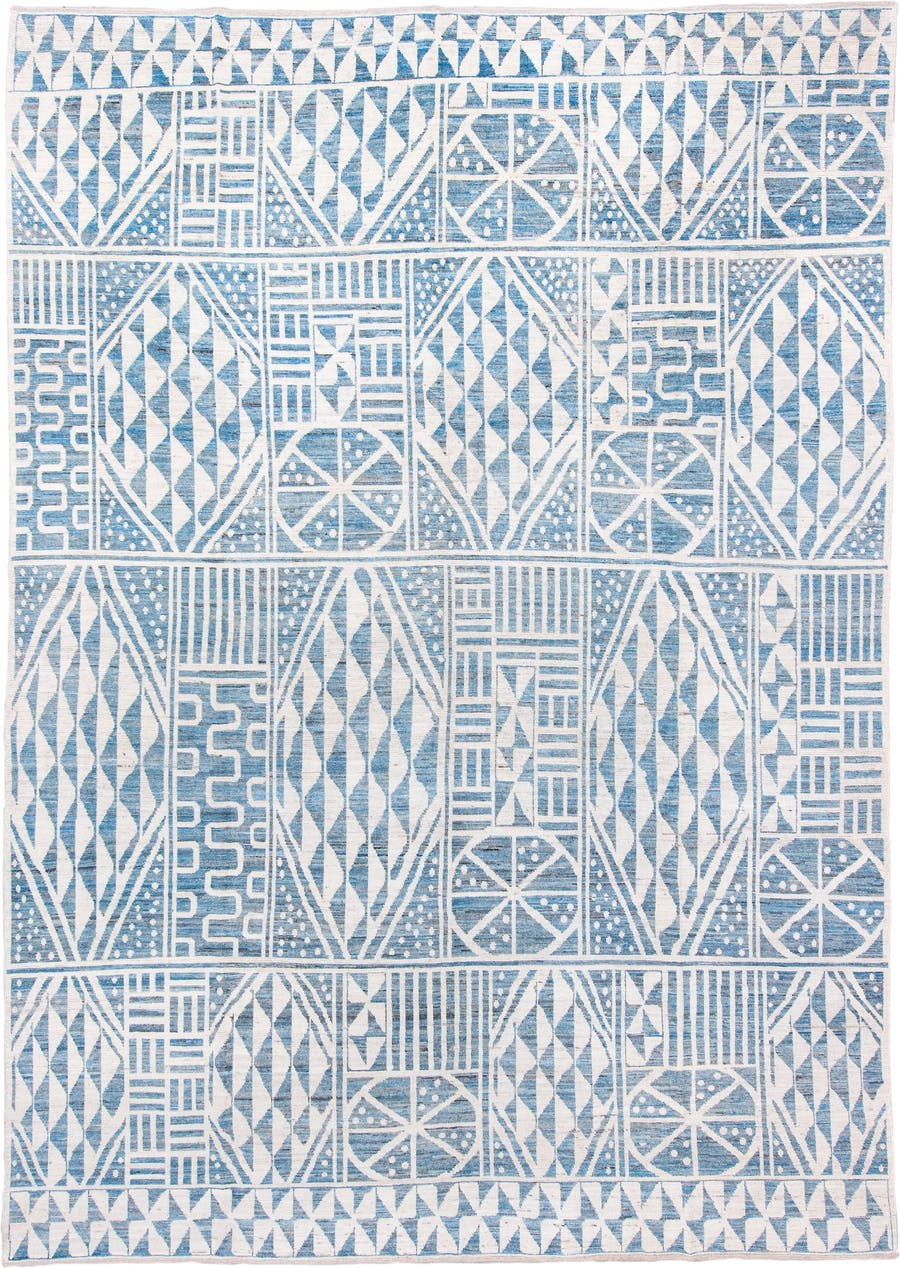 10' x 14' one-of-a-kind handmade vintage Tulu large size rug. Color palette: ivory, sky blue, powder blue, light blue
