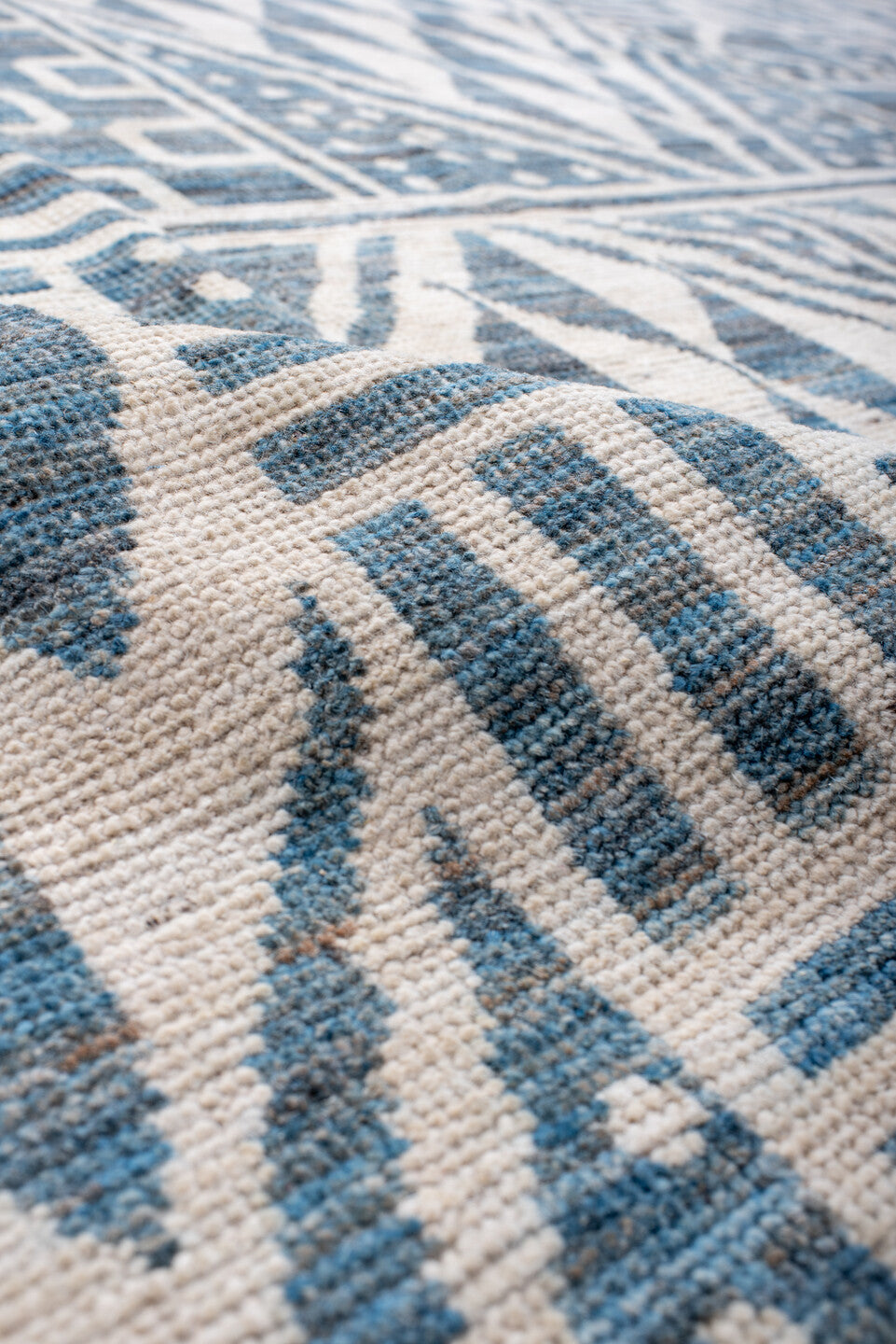 10' x 14' one-of-a-kind handmade vintage Tulu large size rug. Color palette: ivory, sky blue, powder blue, light blue
