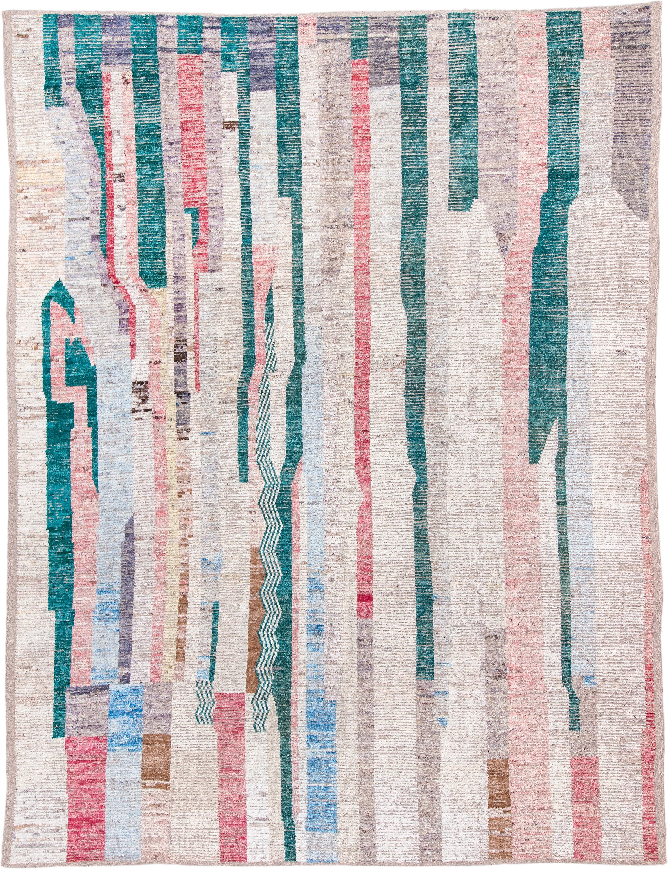10' x 13' one-of-a-kind handmade vintage Tulu large size rug. Color palette: ivory, teal, blush, lavender, sky blue, taupe