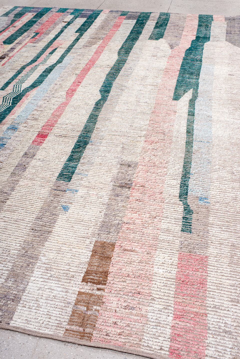 10' x 13' one-of-a-kind handmade vintage Tulu large size rug. Color palette: ivory, teal, blush, lavender, sky blue, taupe