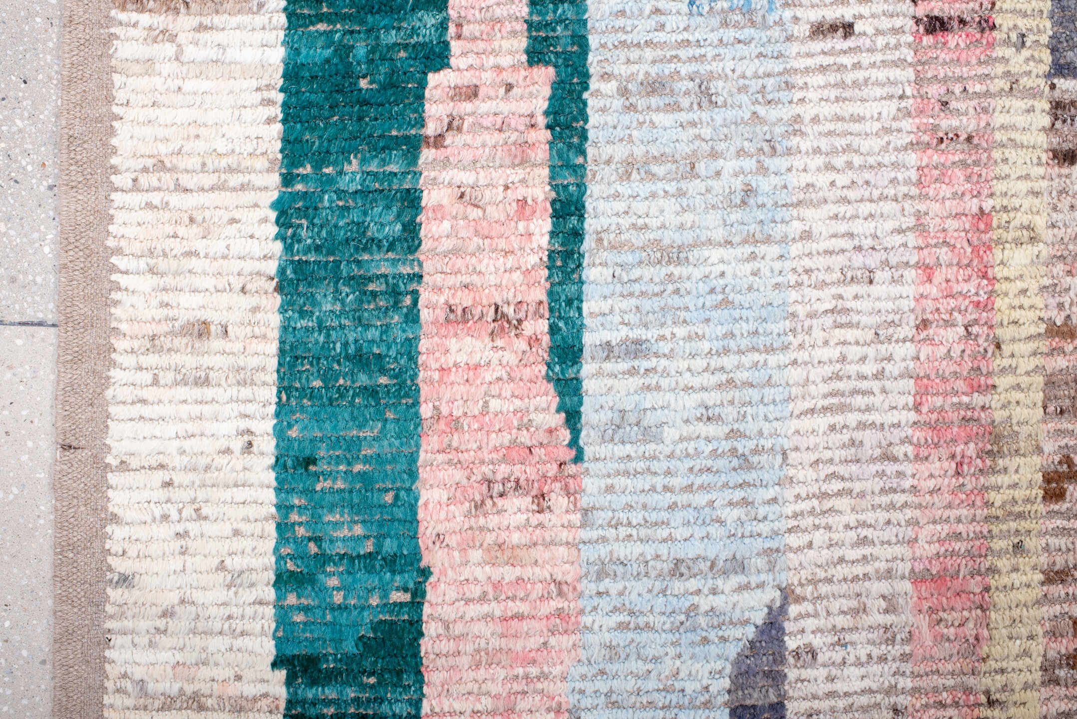 10' x 13' one-of-a-kind handmade vintage Tulu large size rug. Color palette: ivory, teal, blush, lavender, sky blue, taupe