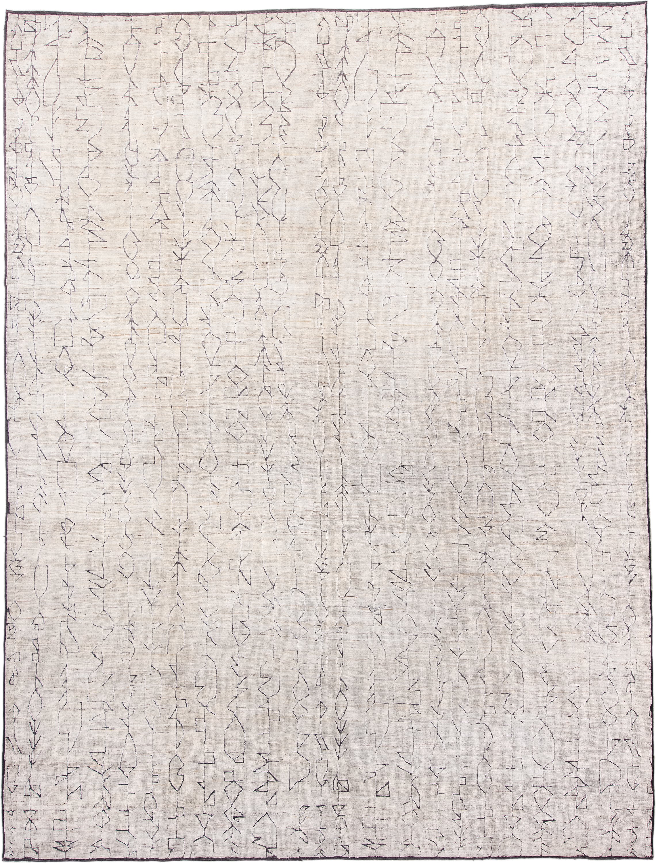 10' x 13' one-of-a-kind handmade vintage Tulu large size rug. Color palette: ivory, cream, charcoal, taupe, gray, black