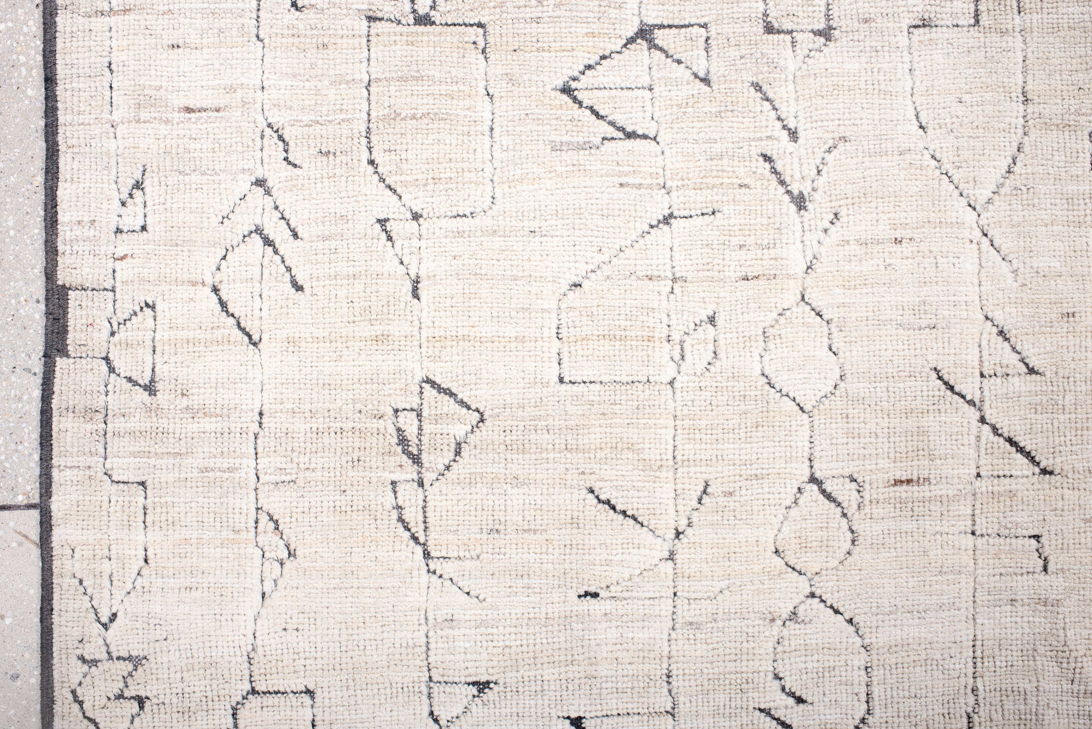10' x 13' one-of-a-kind handmade vintage Tulu large size rug. Color palette: ivory, cream, charcoal, taupe, gray, black