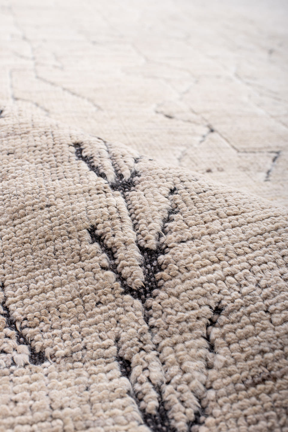 10' x 13' one-of-a-kind handmade vintage Tulu large size rug. Color palette: ivory, cream, charcoal, taupe, gray, black