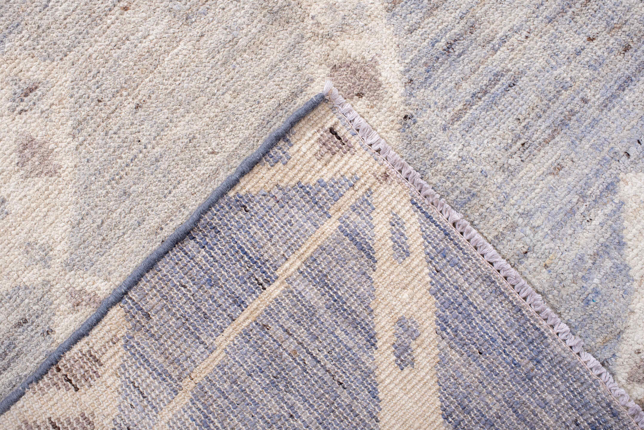 8' x 11' one-of-a-kind handmade vintage Tulu large size rug. Color palette: ivory, pale blue, taupe, cream, light blue