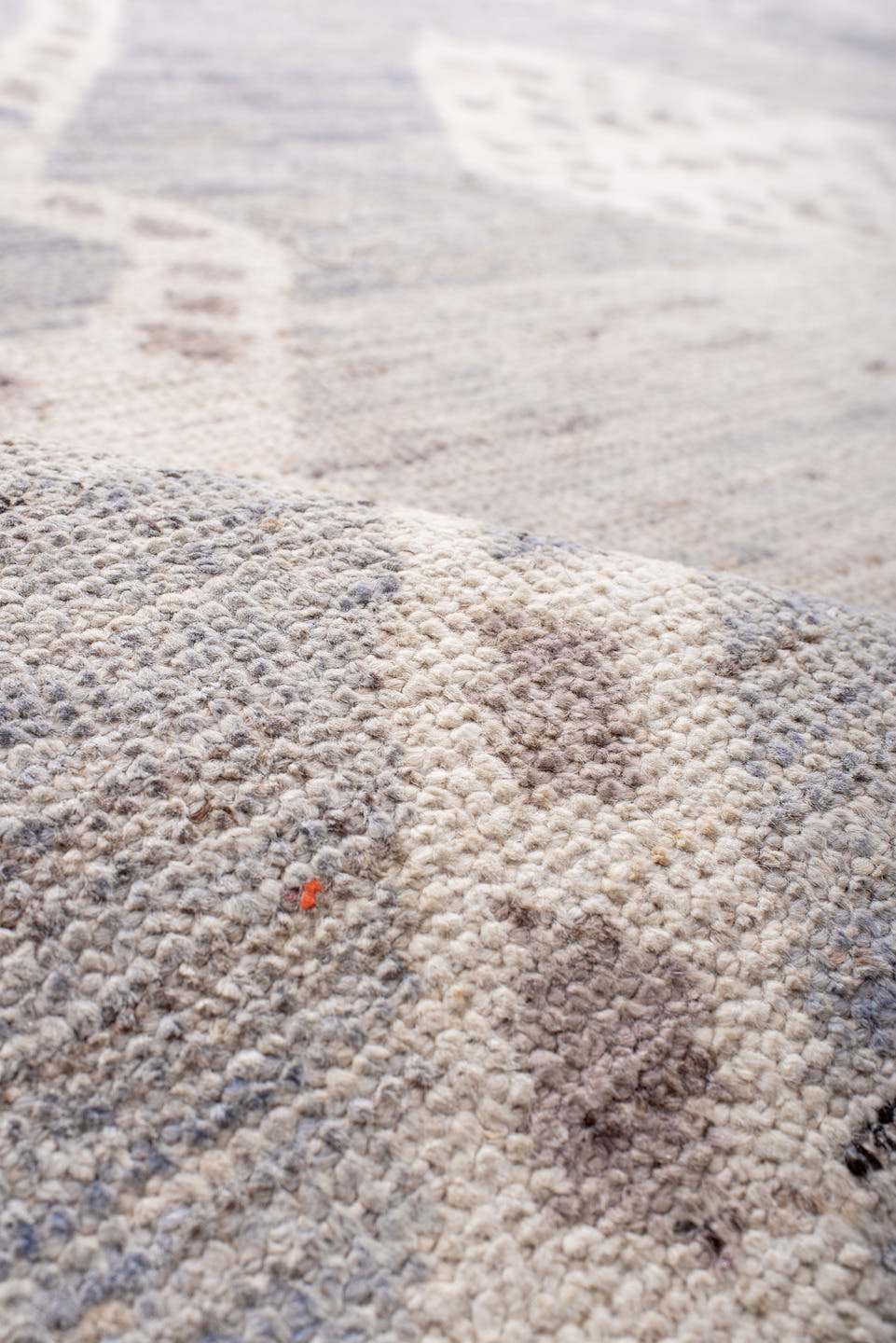 8' x 11' one-of-a-kind handmade vintage Tulu large size rug. Color palette: ivory, pale blue, taupe, cream, light blue