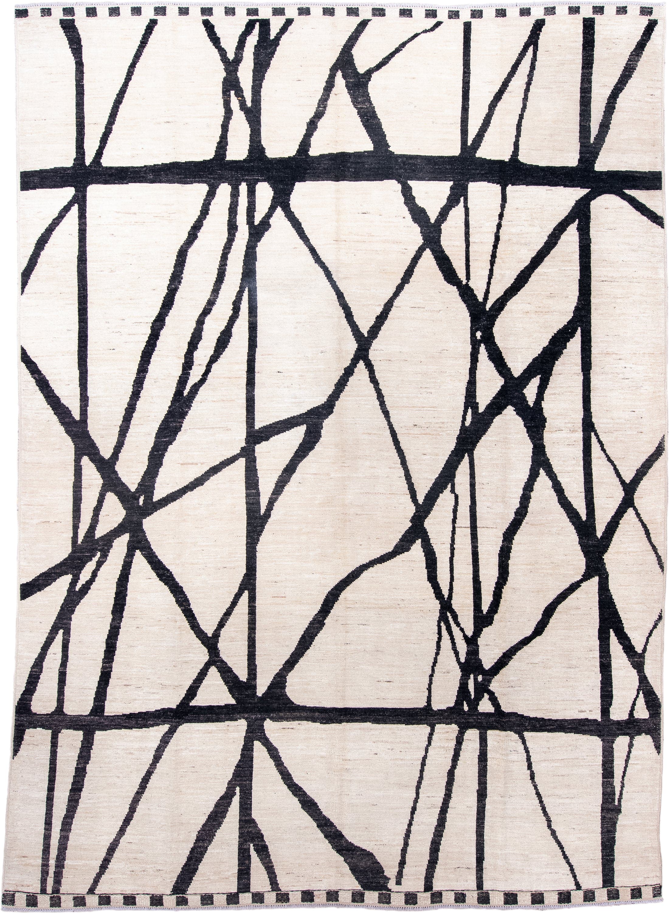 9' x 12' one-of-a-kind handmade vintage Tulu large size rug. Color palette: ivory, charcoal, black, gray