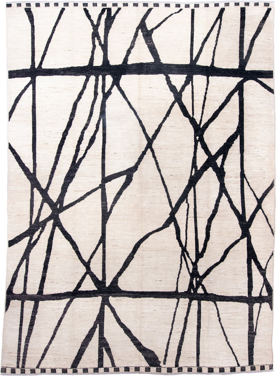 9' x 12' one-of-a-kind handmade vintage Tulu large size rug. Color palette: ivory, charcoal, black, gray