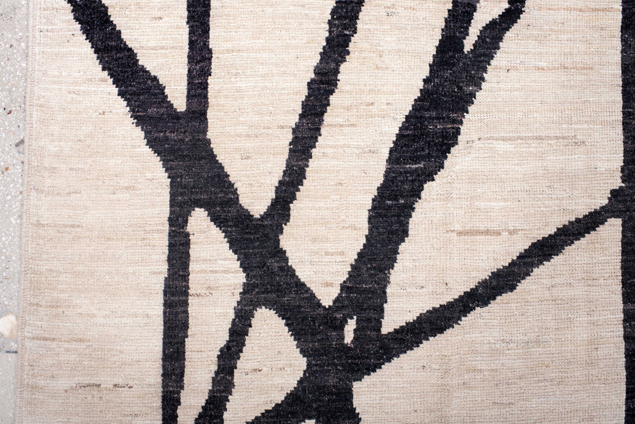 9' x 12' one-of-a-kind handmade vintage Tulu large size rug. Color palette: ivory, charcoal, black, gray
